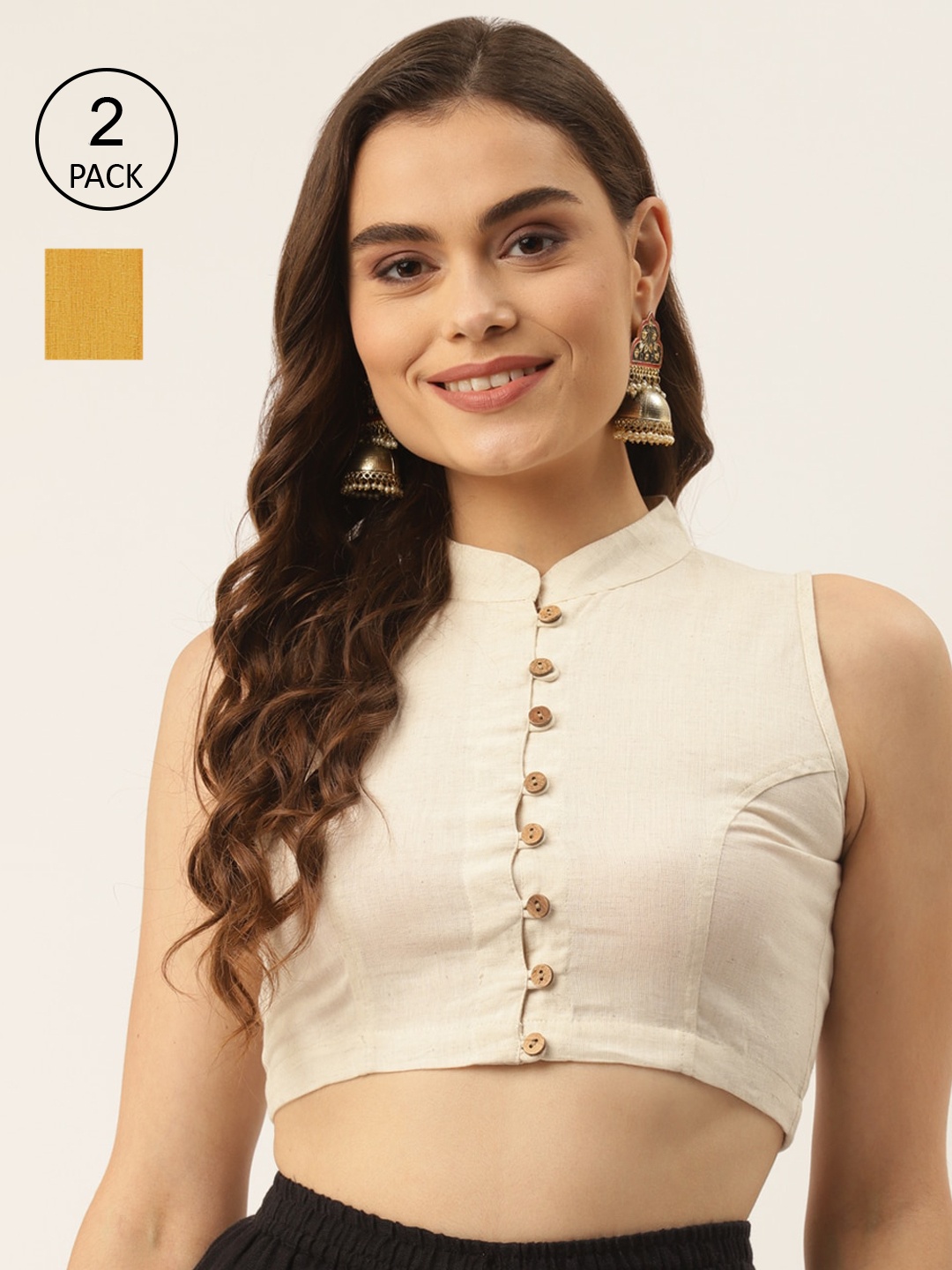 

Molcha Women Pack Of 2 Yellow & Off-White Solid Cotton Saree Blouse