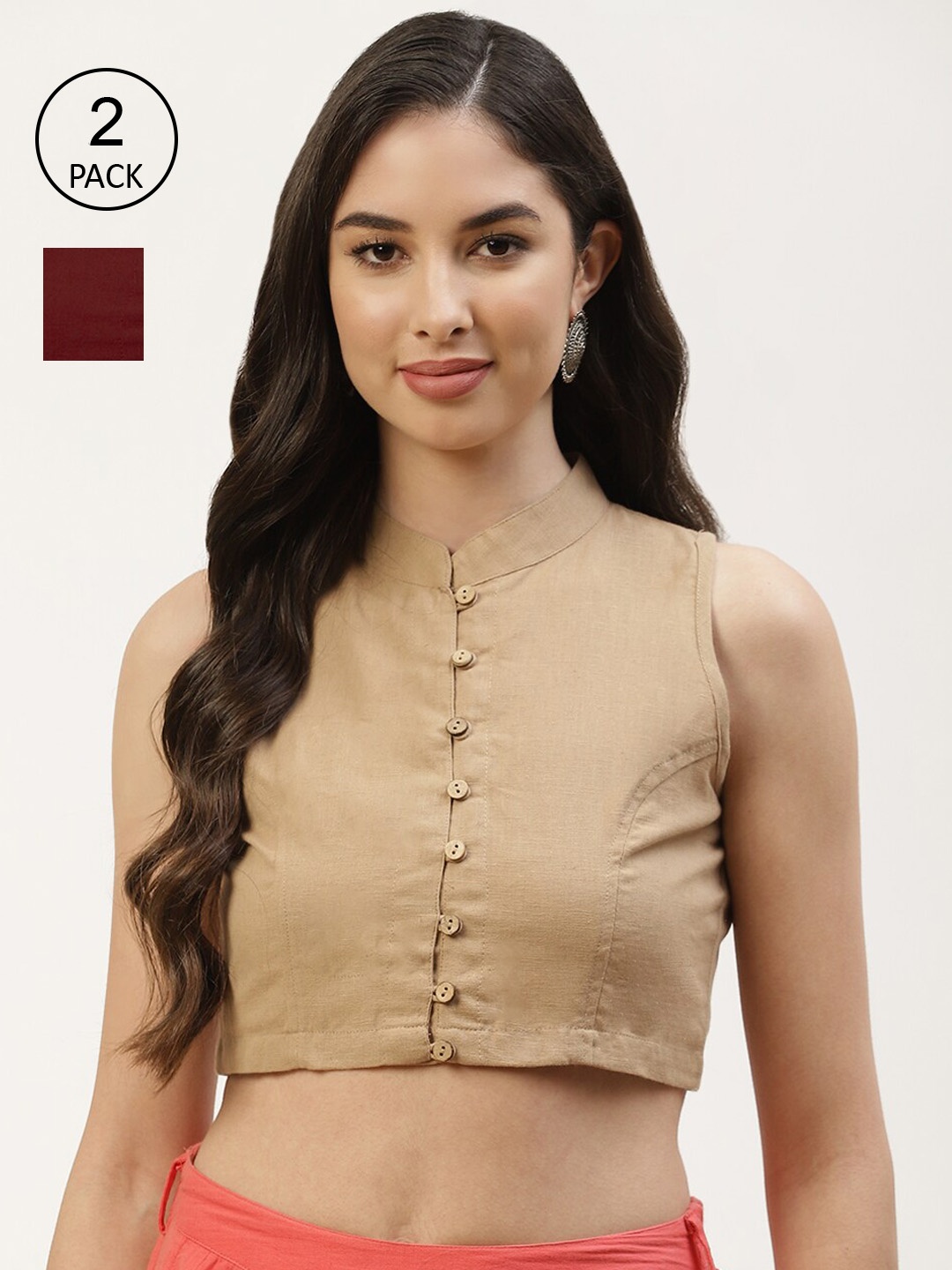 

Molcha Pack Of 2 Maroon & Beige Solid Cotton Saree Blouse