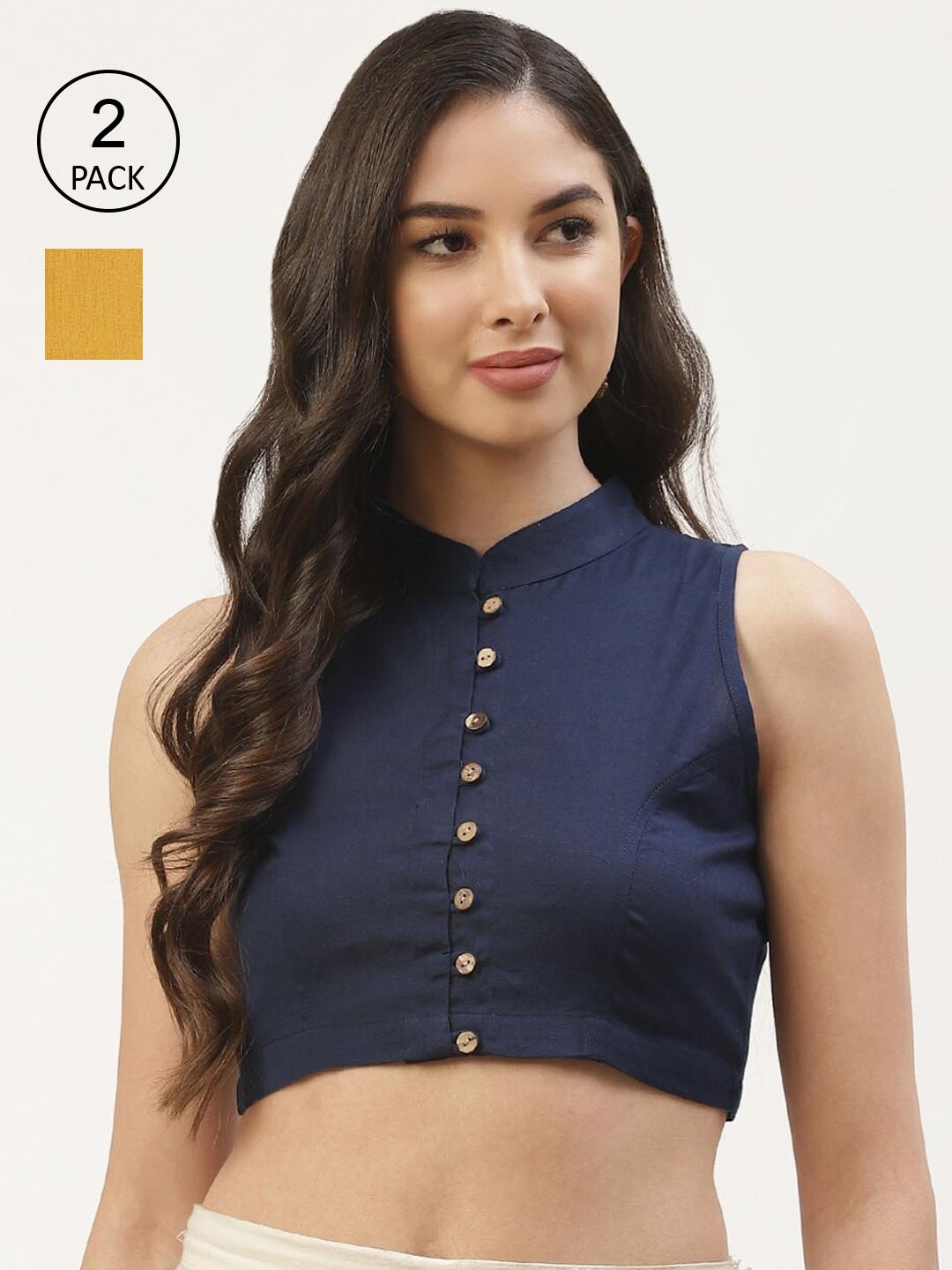 

Molcha Pack Of 2 Yellow & Navy Blue Solid Cotton Saree Blouse