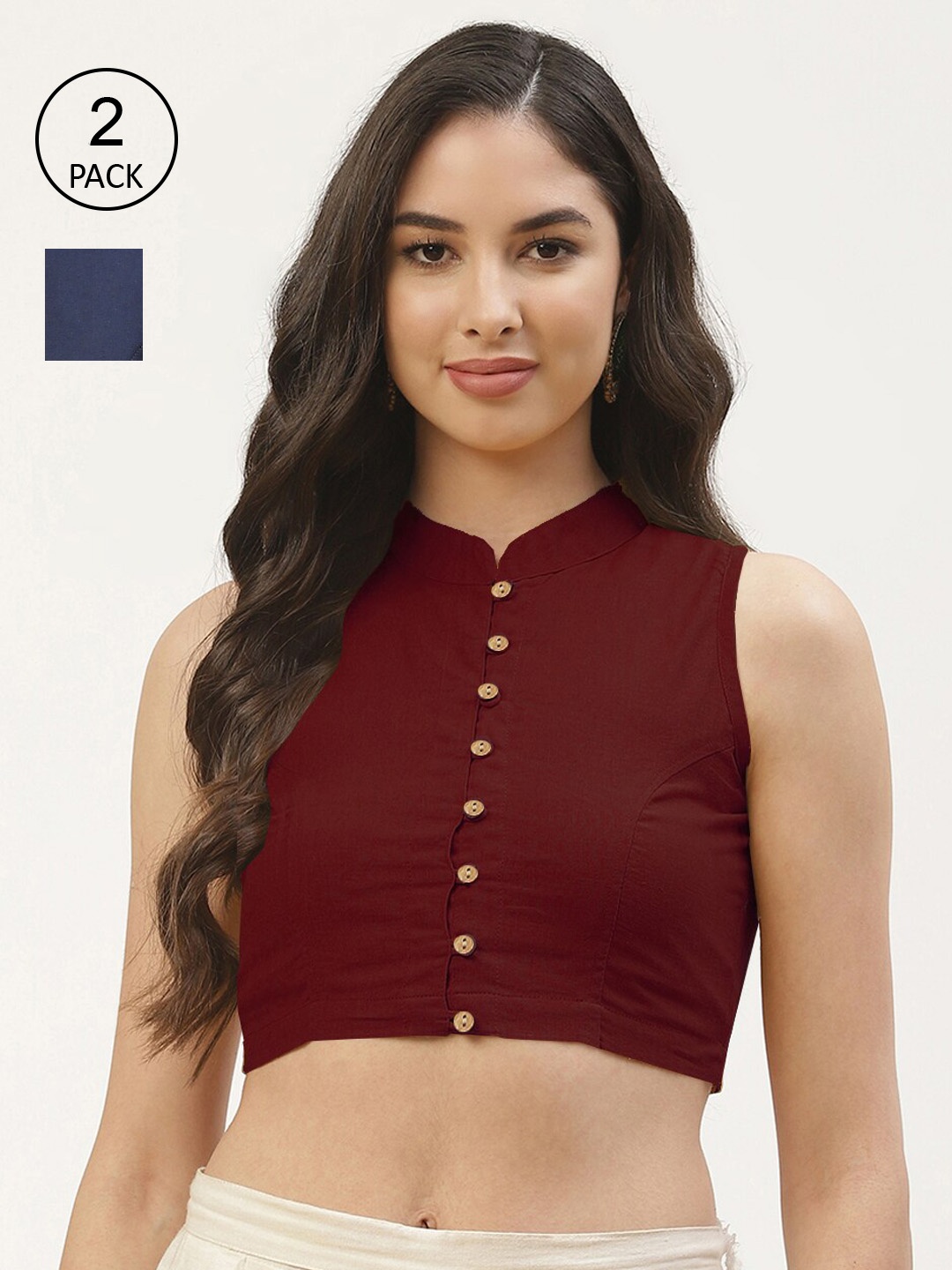 

Molcha Pack Of 2 Maroon & Navy Blue Solid Cotton Saree Blouse
