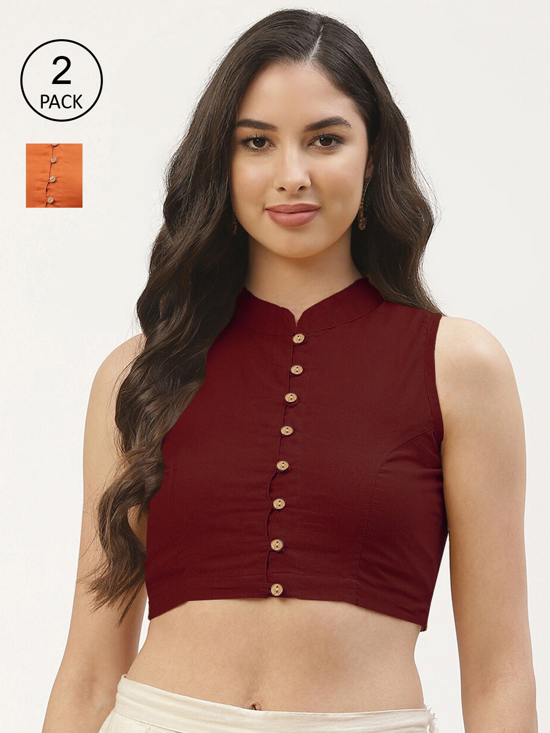 

Molcha Pack Of 2 Maroon & Rust Solid Cotton Saree Blouse