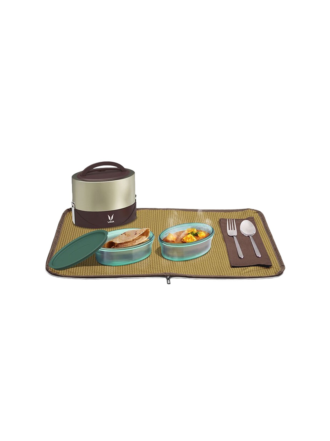 

Vaya Kids Metallic Stainless steel Microwave safe Lunch Box With Bag & Mat 300ml each