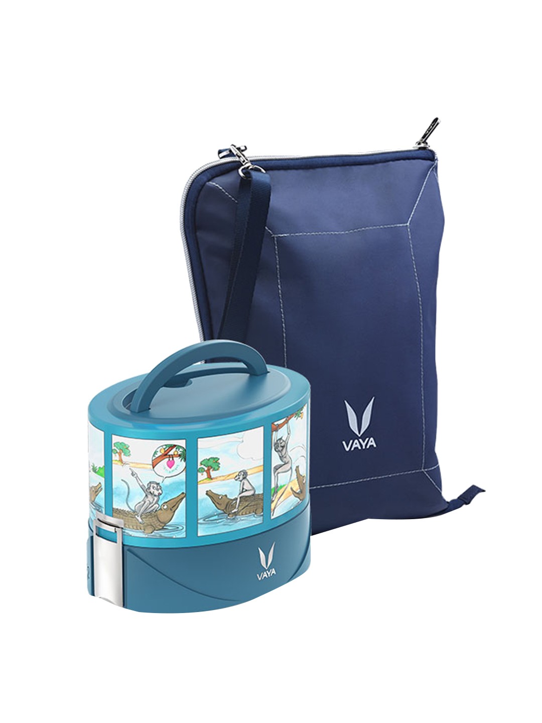 

Vaya Blue Printed Stainless steel Microwave safe Lunch Box With Lunch Bag 300ml each