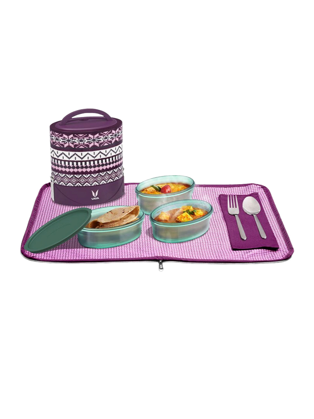 

Vaya Kids Purple Printed Stainless Steel Microwave Safe Three Tiered Lunch Storage Box