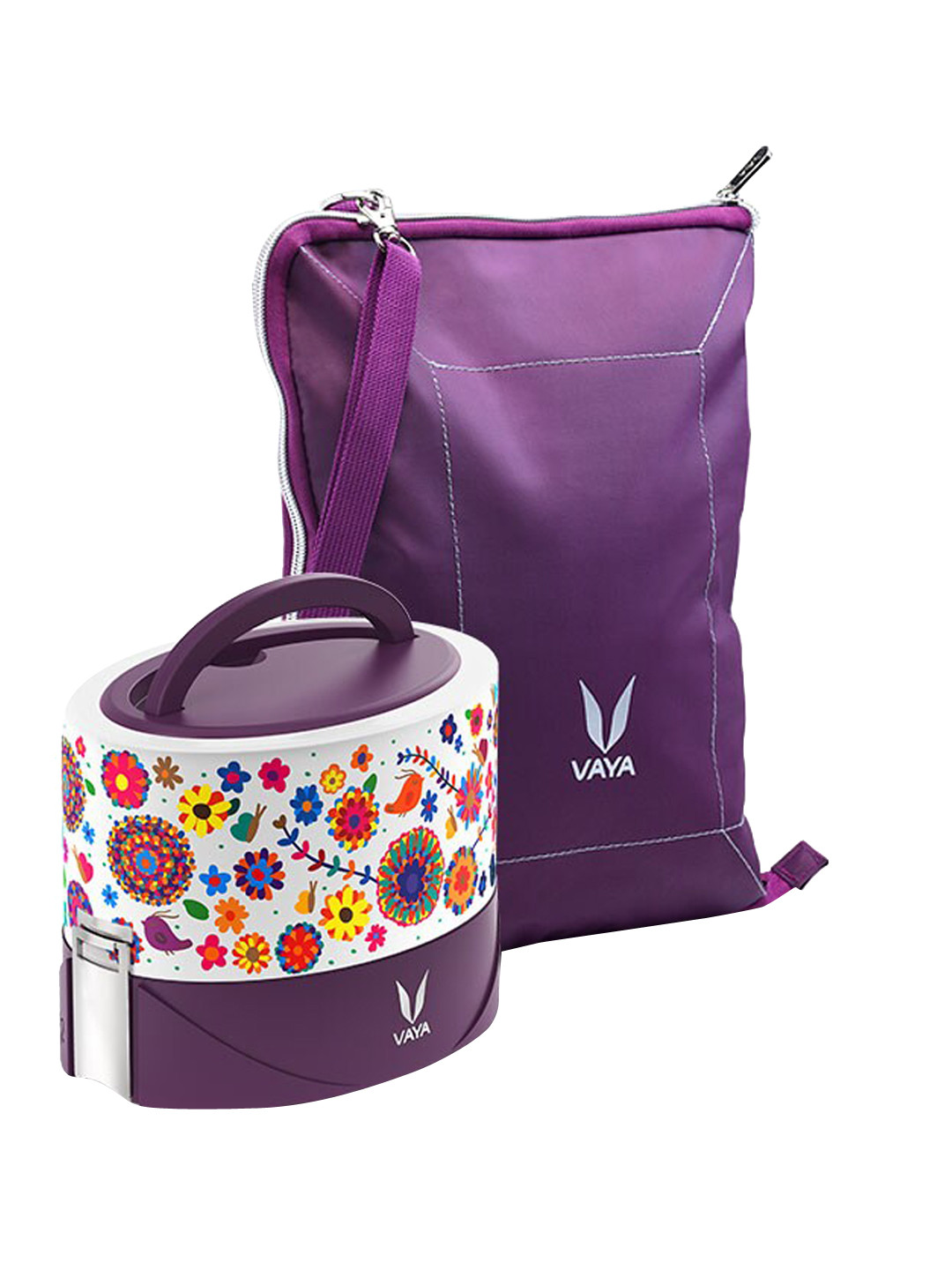 

Vaya Kids White & Purple Microwave Safe Printed Two Tiered Lunch Storage Box