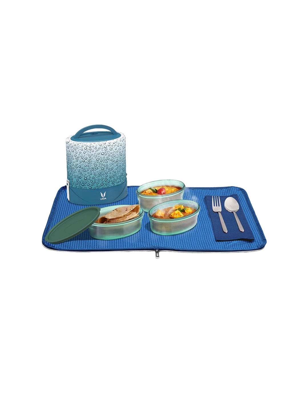 

Vaya BlueTyffyn Flex Microwave Safe Printed Lunch Box With Lunch Bag 1 L, Blue