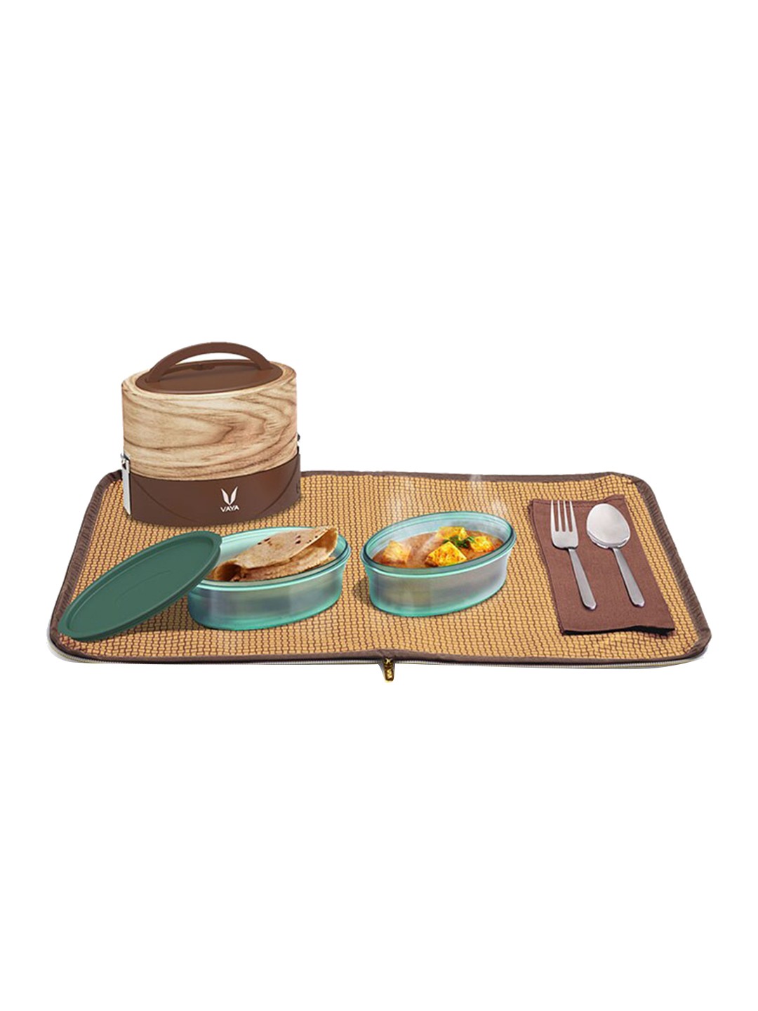 

Vaya Kids Brown Microwave Safe Printed Stainless Steel 2-Tier Lunch Box With Bag & Mat, Cream