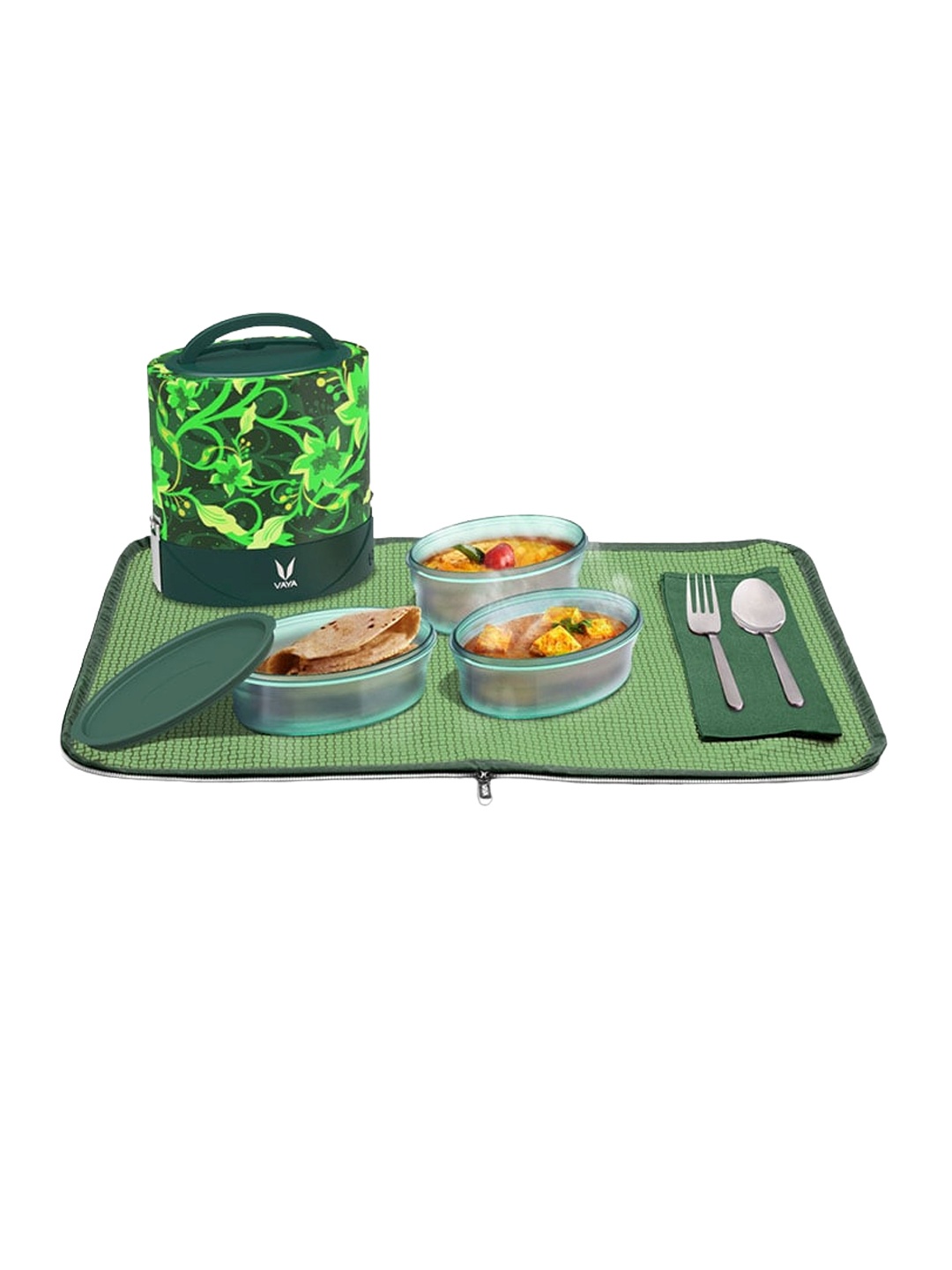

Vaya Kids Green Microwave Safe Floral Lunch Box With Bag & Mat 1 L
