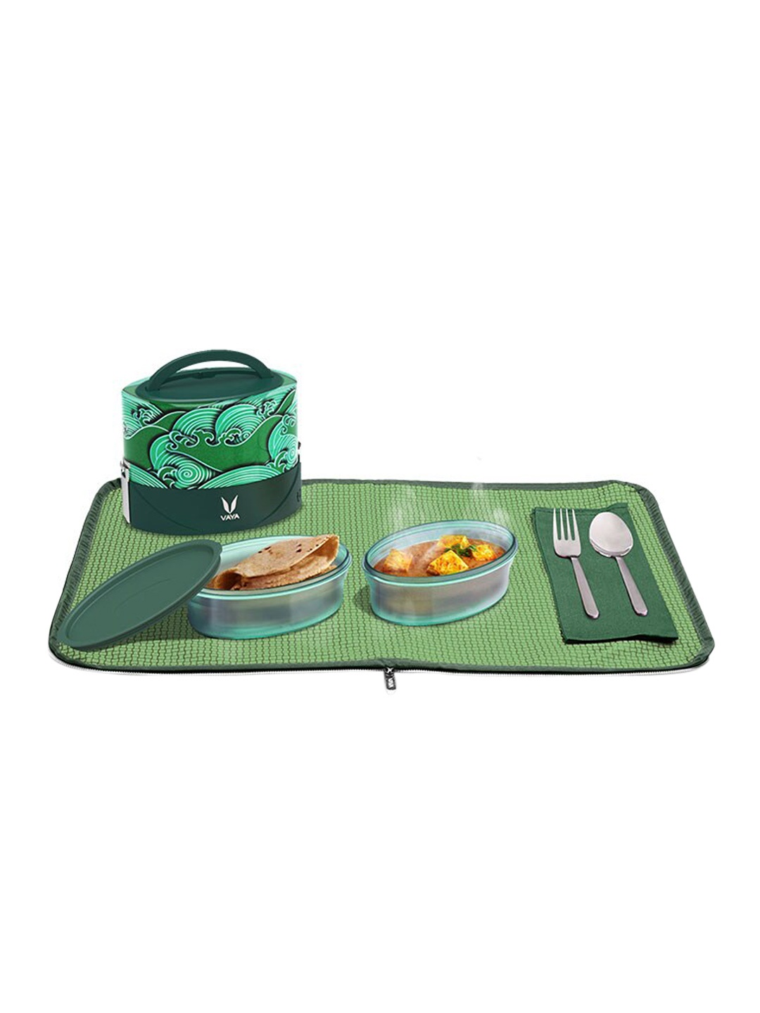

Vaya Kids Green Microwave Safe Printed Lunch Bag With Bag & Mat 600 ML