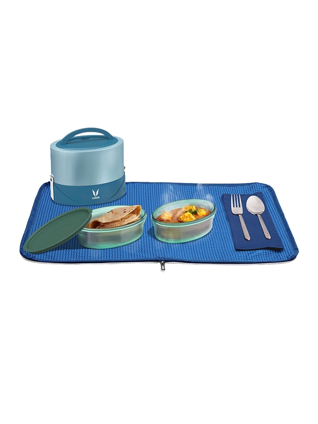 

Vaya Blue Microwave Safe Printed Stainless Steel Lunch Box With Bag & Mat 600 ML