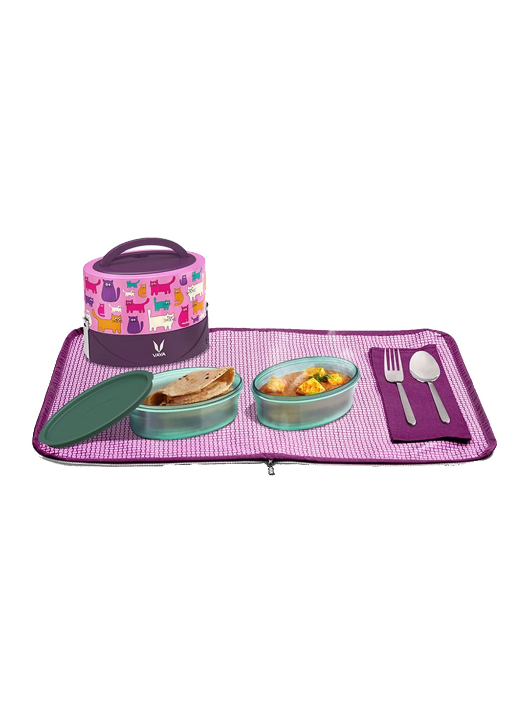 

Vaya Kids Tyffyn Flex Pink Microwave Safe Printed Lunch Box with Bag & Mat 600 ML