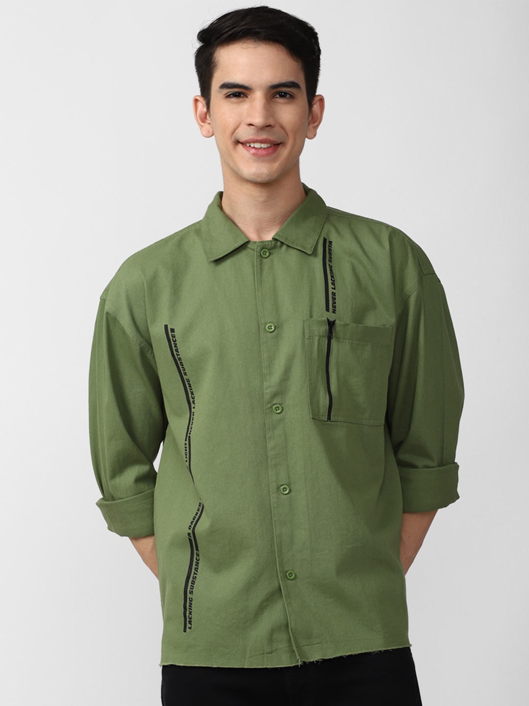 

FOREVER 21 Men Green Cotton Casual Shirt