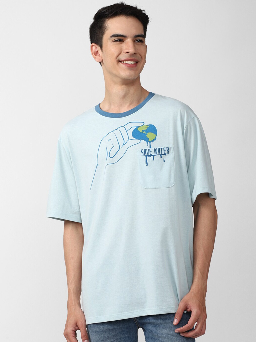 

FOREVER 21 Men Blue Typography Printed Drop-Shoulder Sleeves T-shirt