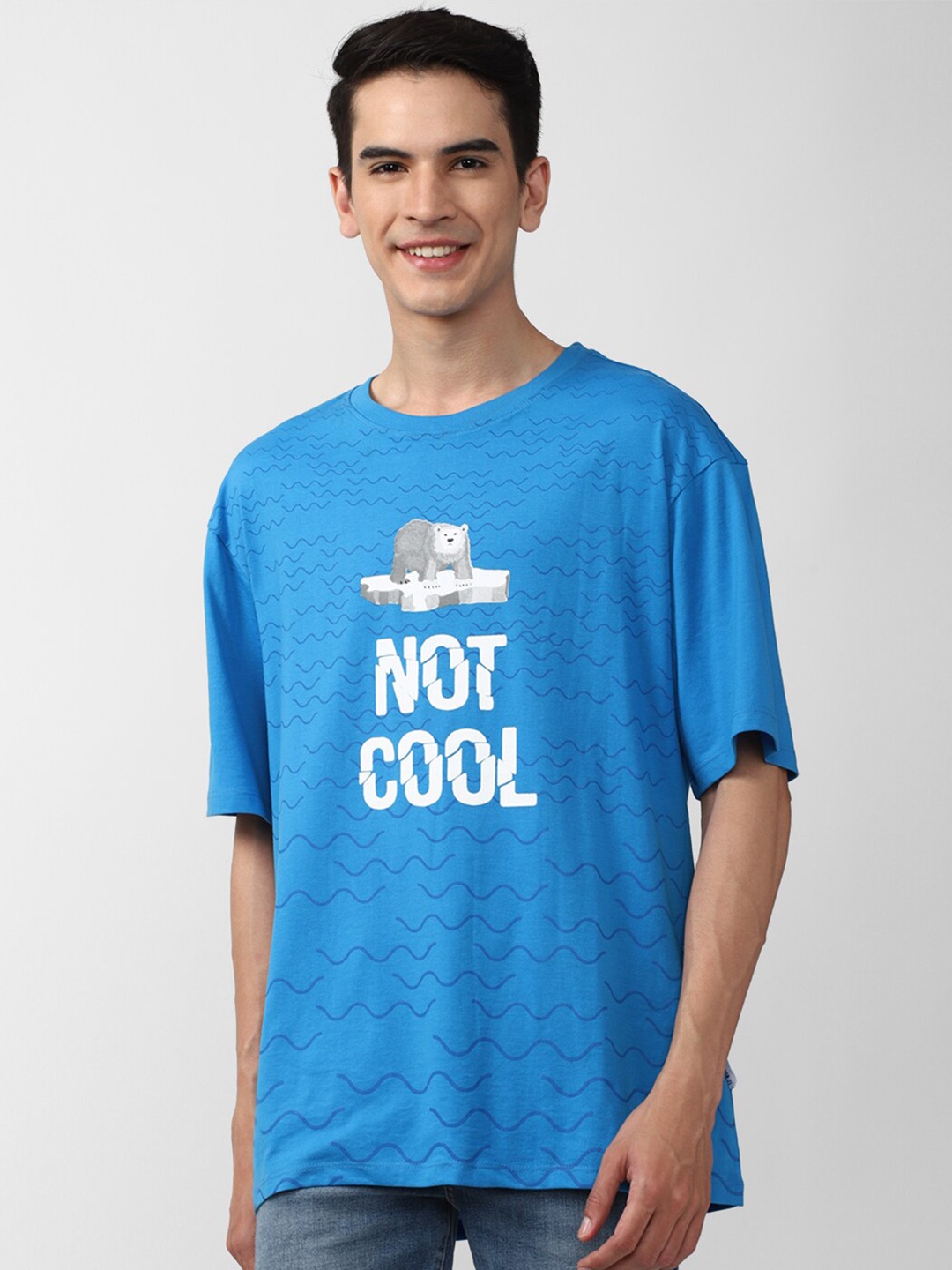 

FOREVER 21 Men Blue Printed Drop-Shoulder Sleeves T-shirt