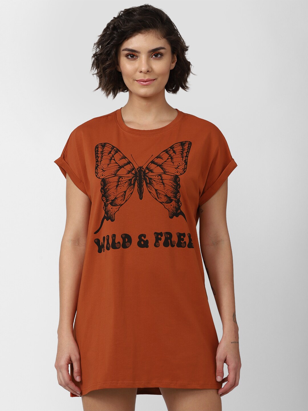 

FOREVER 21 Women Orange Printed T-shirt Dress