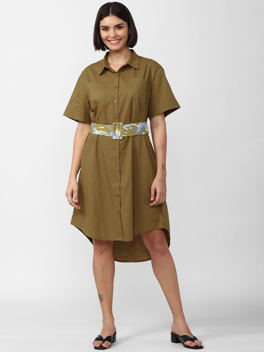 

FOREVER 21 Green Solid Pure Cotton Shirt Dress