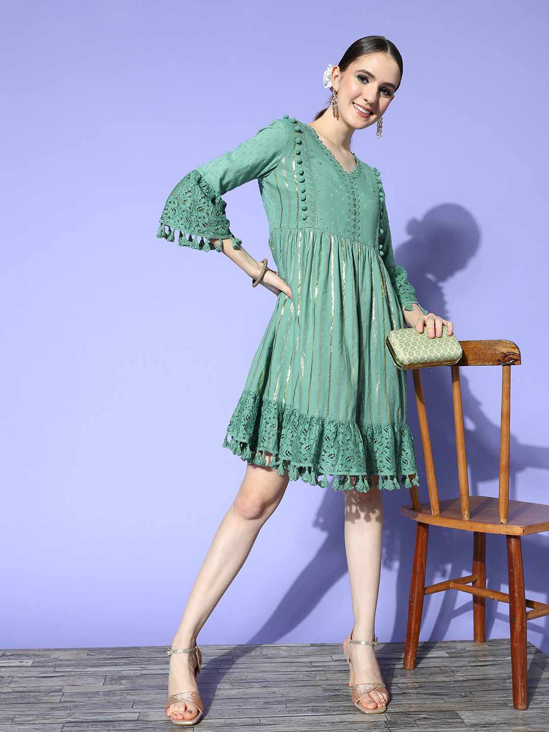 

Ishin Green Striped Cotton A-Line Dress