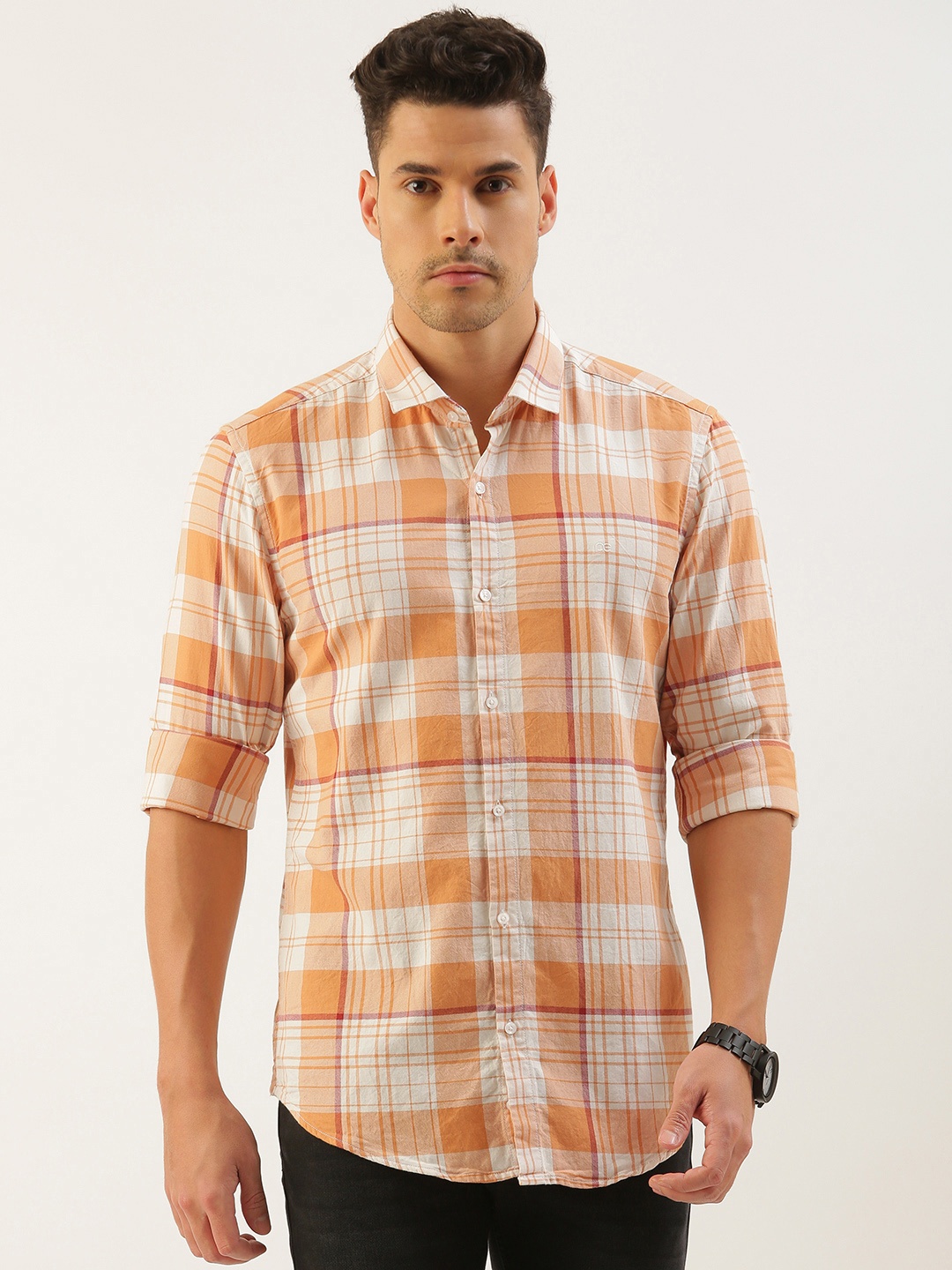 

Peter England Better Jeans Company Men Super Slim Fit Checked Pure Cotton Casual Shirt, Orange