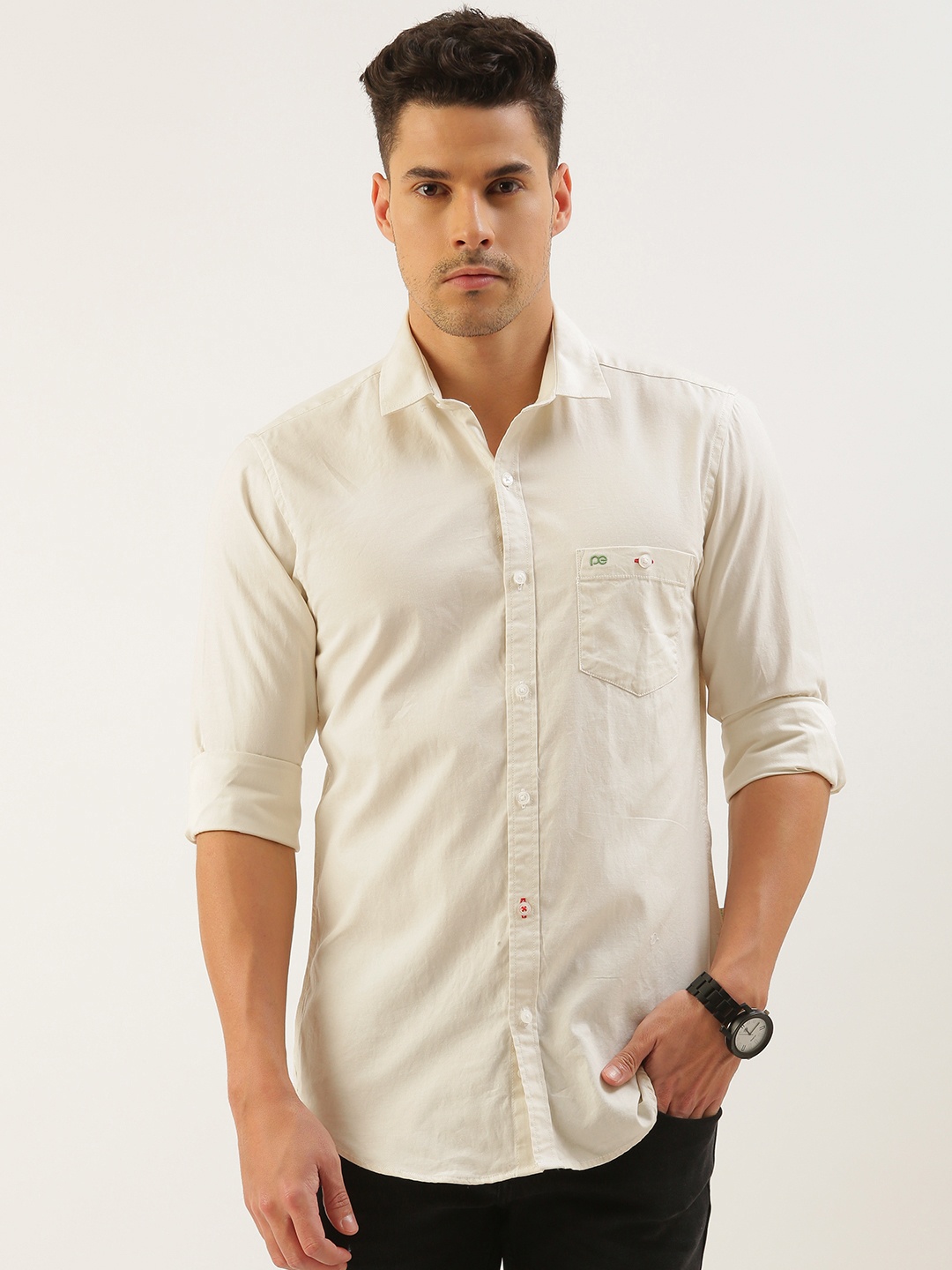 

Peter England Better Jeans Company Men Super Slim Fit Pure Cotton Casual Shirt, Nude