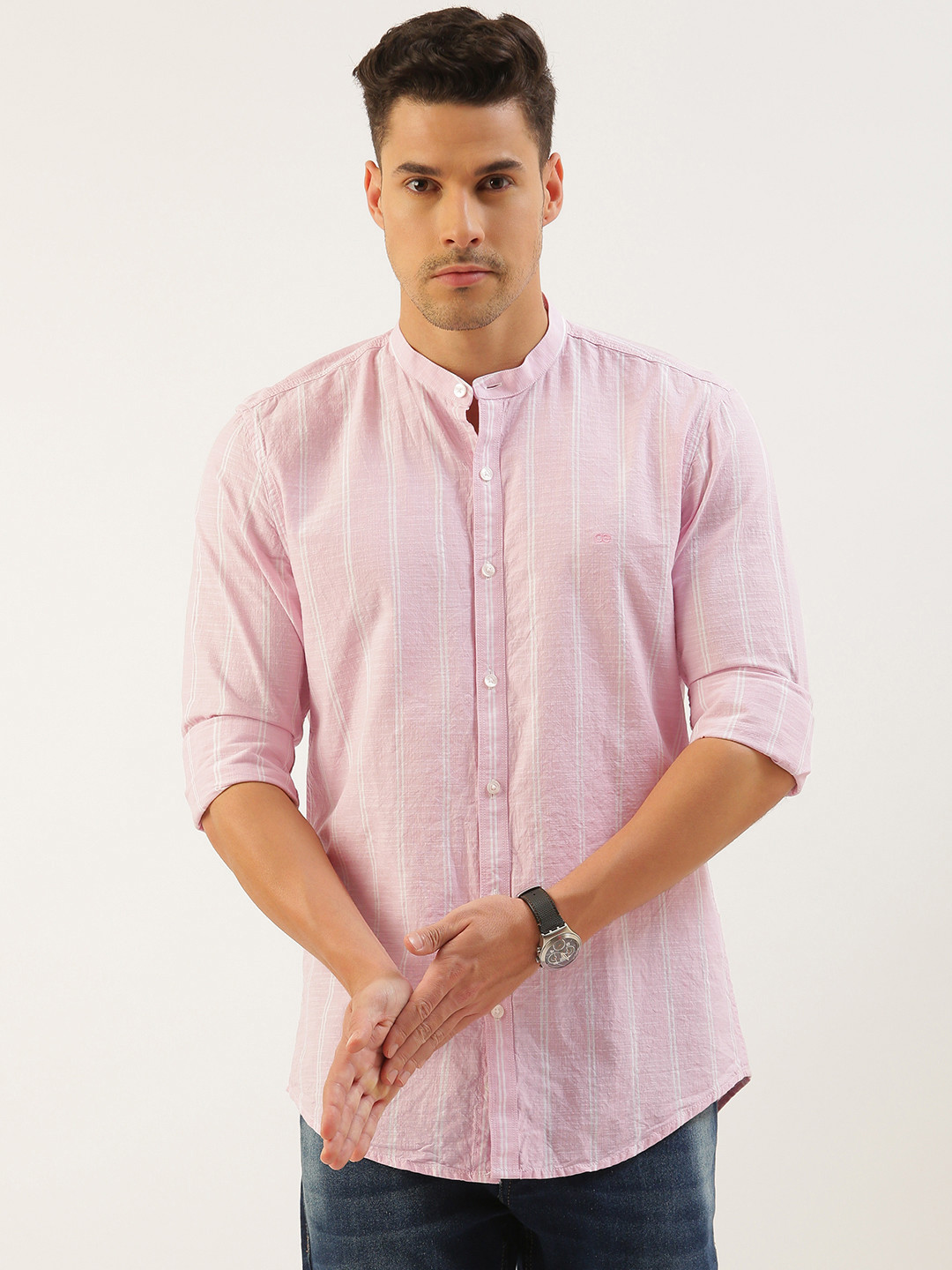 

Peter England Better Jeans Company Men Super Slim Fit Striped Pure Cotton Casual Shirt, Pink