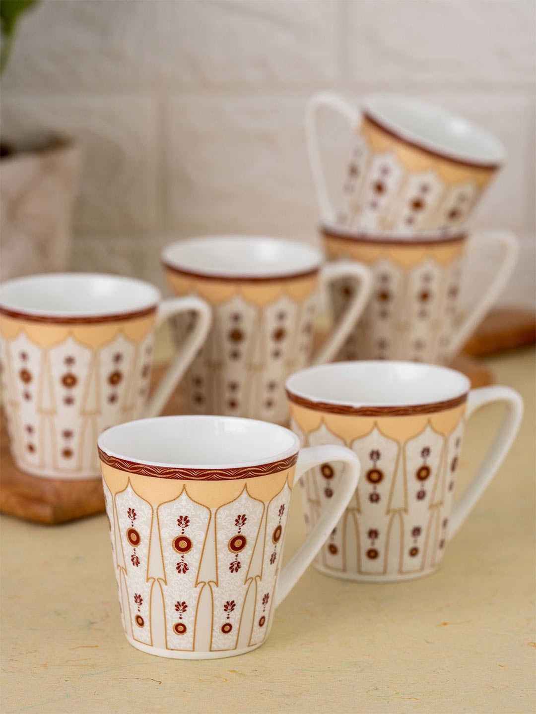

CLAY CRAFT Cream-Coloured & Beige Set of 6 Printed Ceramic Glossy Cups - 180 ml