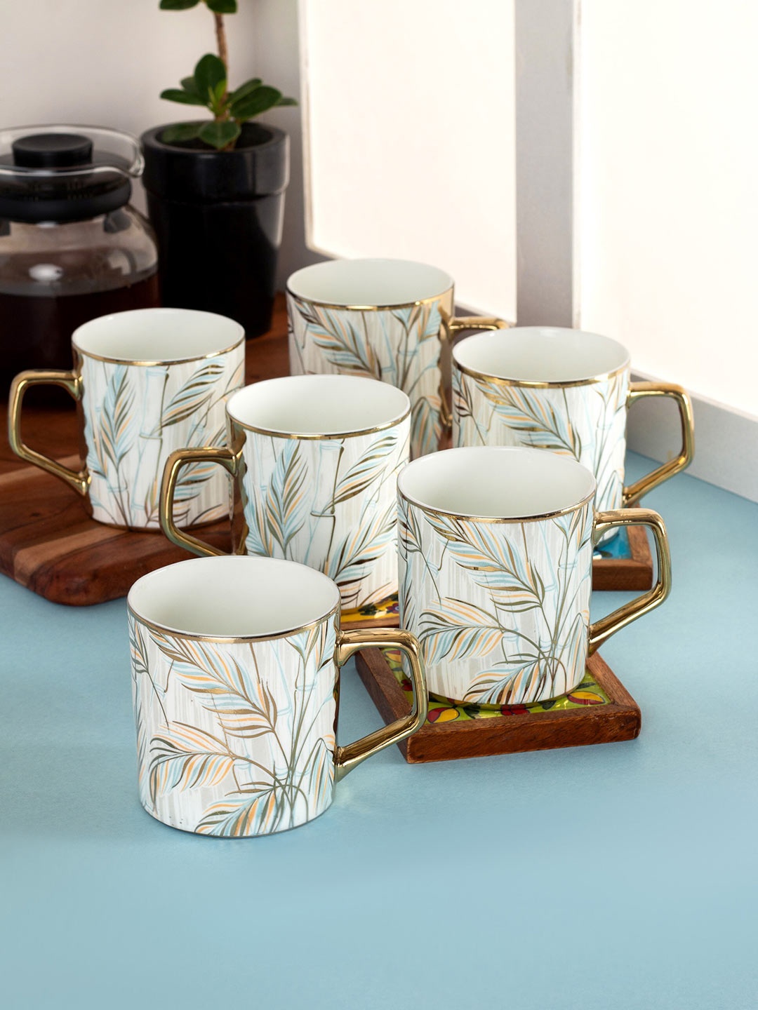 

CLAY CRAFT White & Gold-Toned Set of 6 Printed Ceramic Glossy Mugs - 200 ml