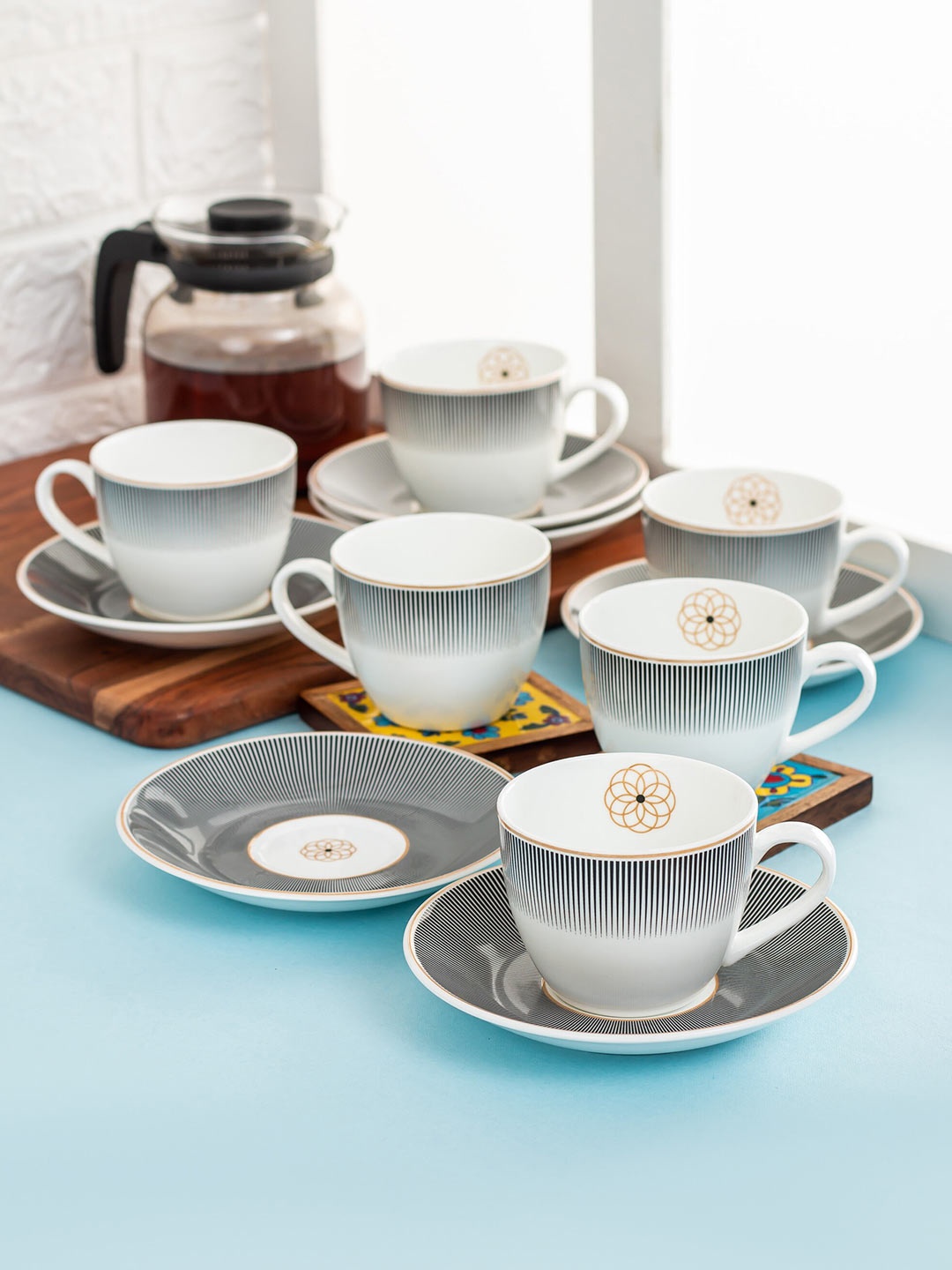 

CLAY CRAFT White & Black Set of 12 Dishwasher Safe Ceramic Cups and Saucers 180 ml Each