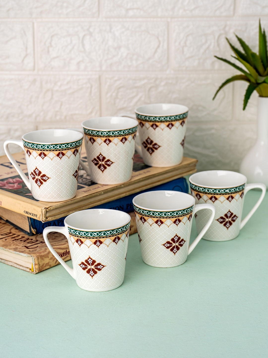 

CLAY CRAFT White & Brown Set of 6 Printed Ceramic Glossy Cups - 180 ml