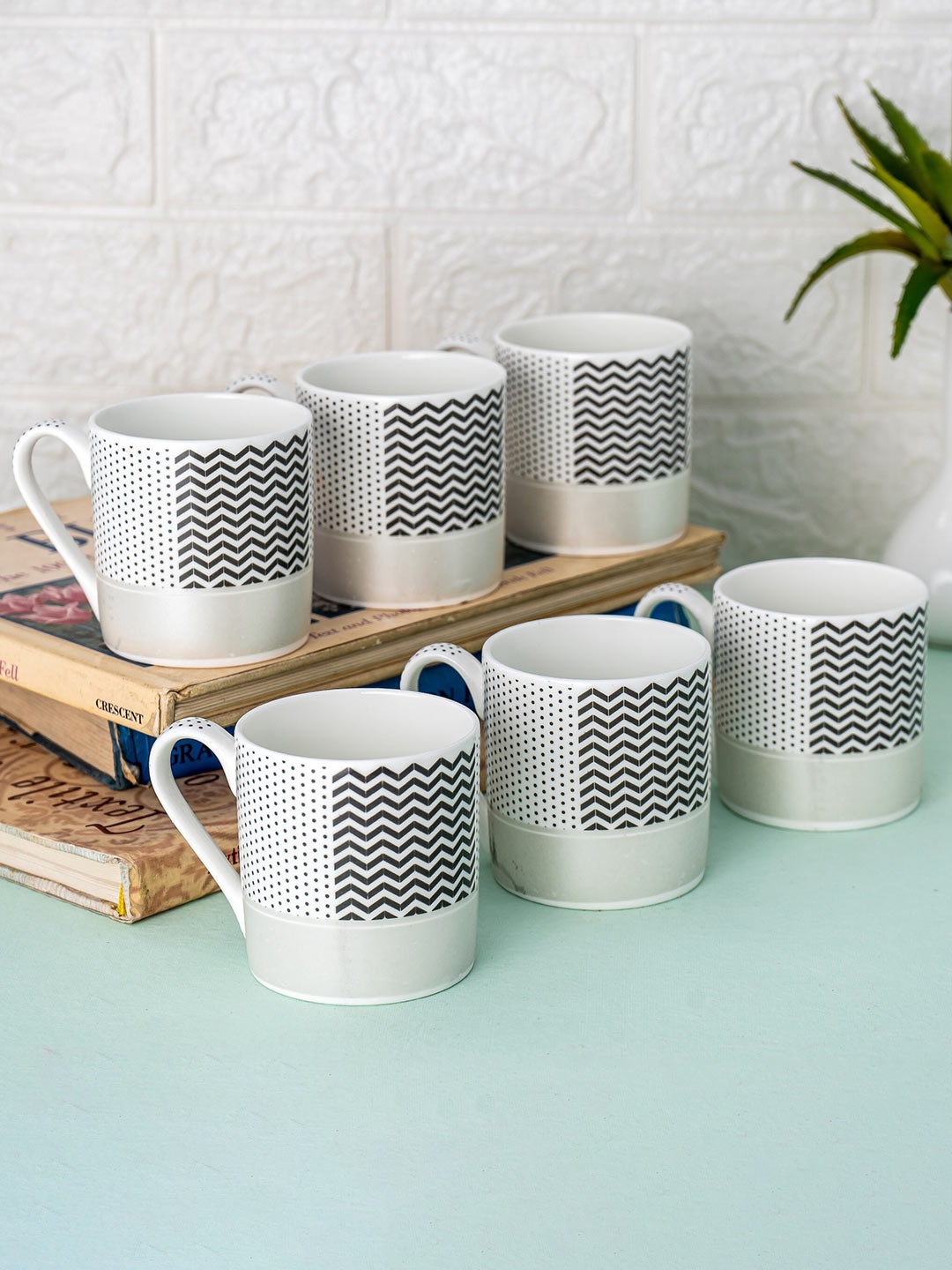 

CLAY CRAFT White & Black Set of 6 Printed Ceramic Glossy Cups - 180 ml