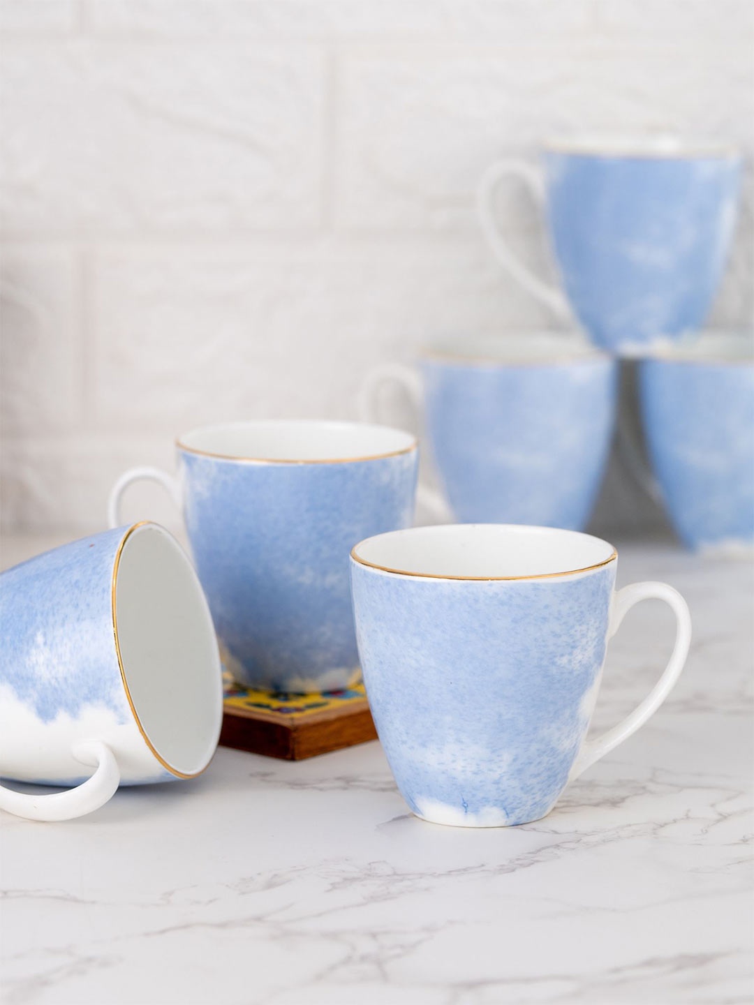 

CLAY CRAFT White & Blue Set of 6 Dishwasher Safe Ceramic Glossy Cups 180 ml Each
