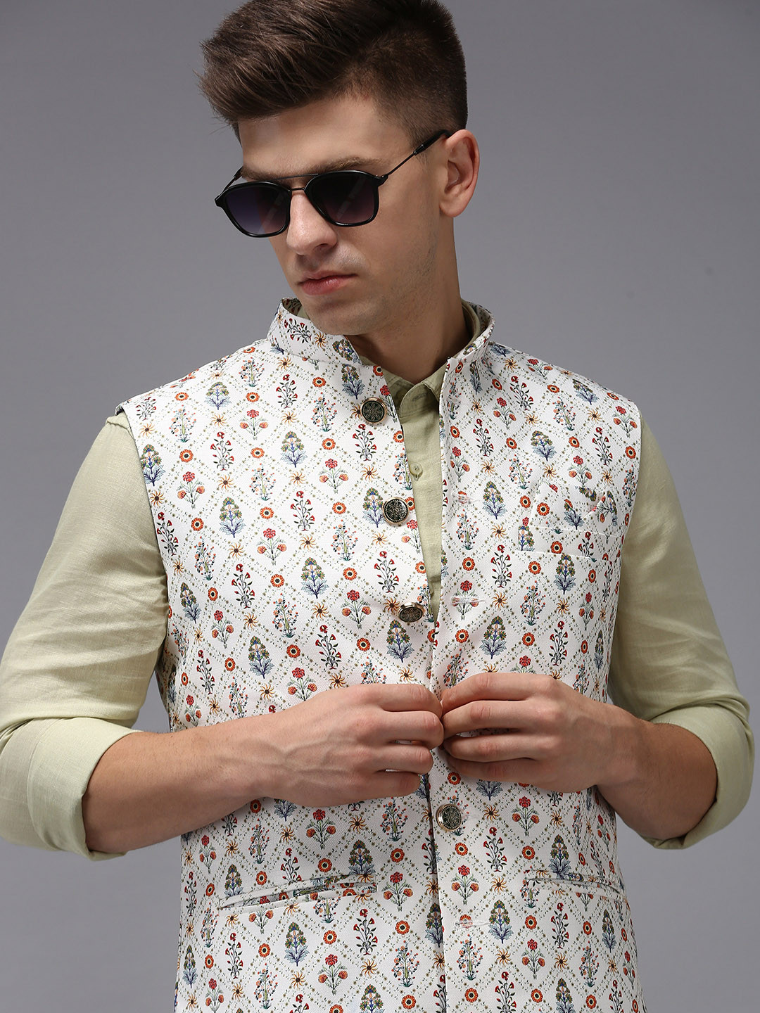 

SHOWOFF Men Cream-Colored Printed Nehru Jacket