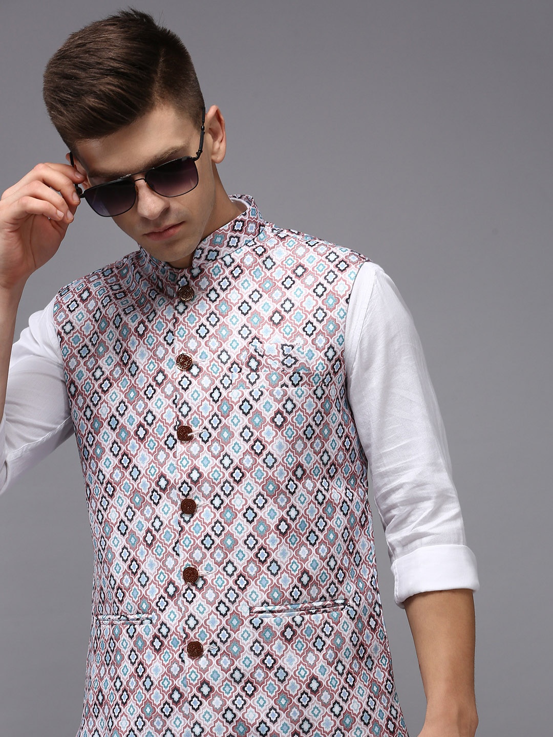 

SHOWOFF Men Peach-Coloured Printed Woven Nehru Jackets