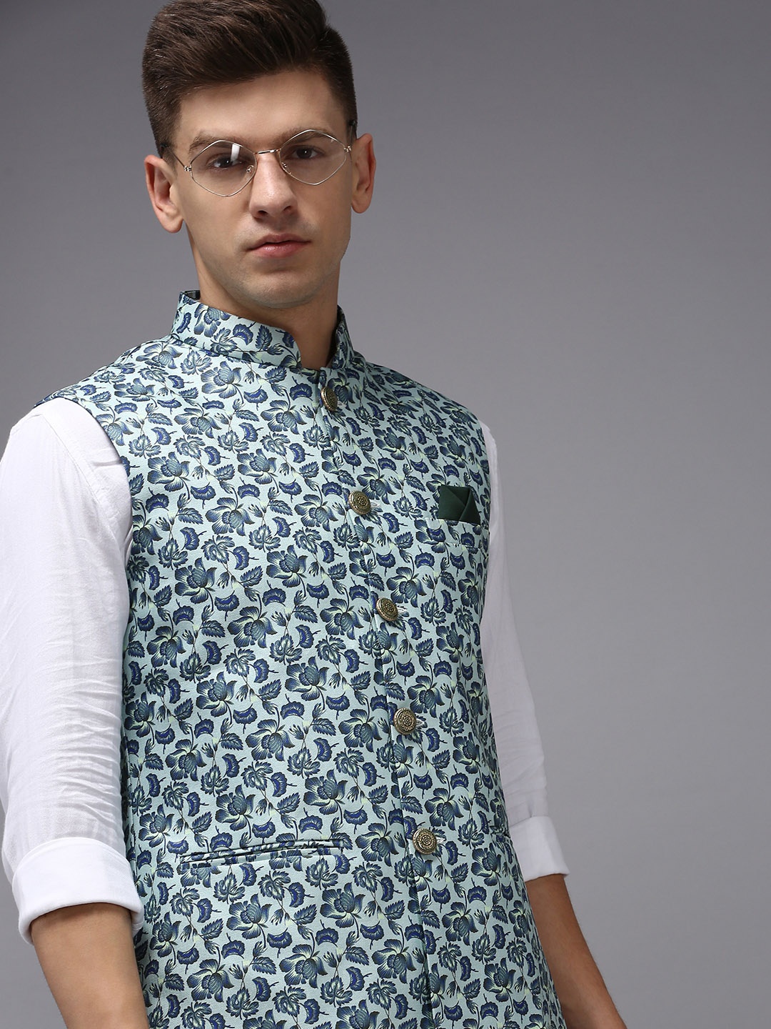 

SHOWOFF Men Sea Green Woven Design Nehru Jackets