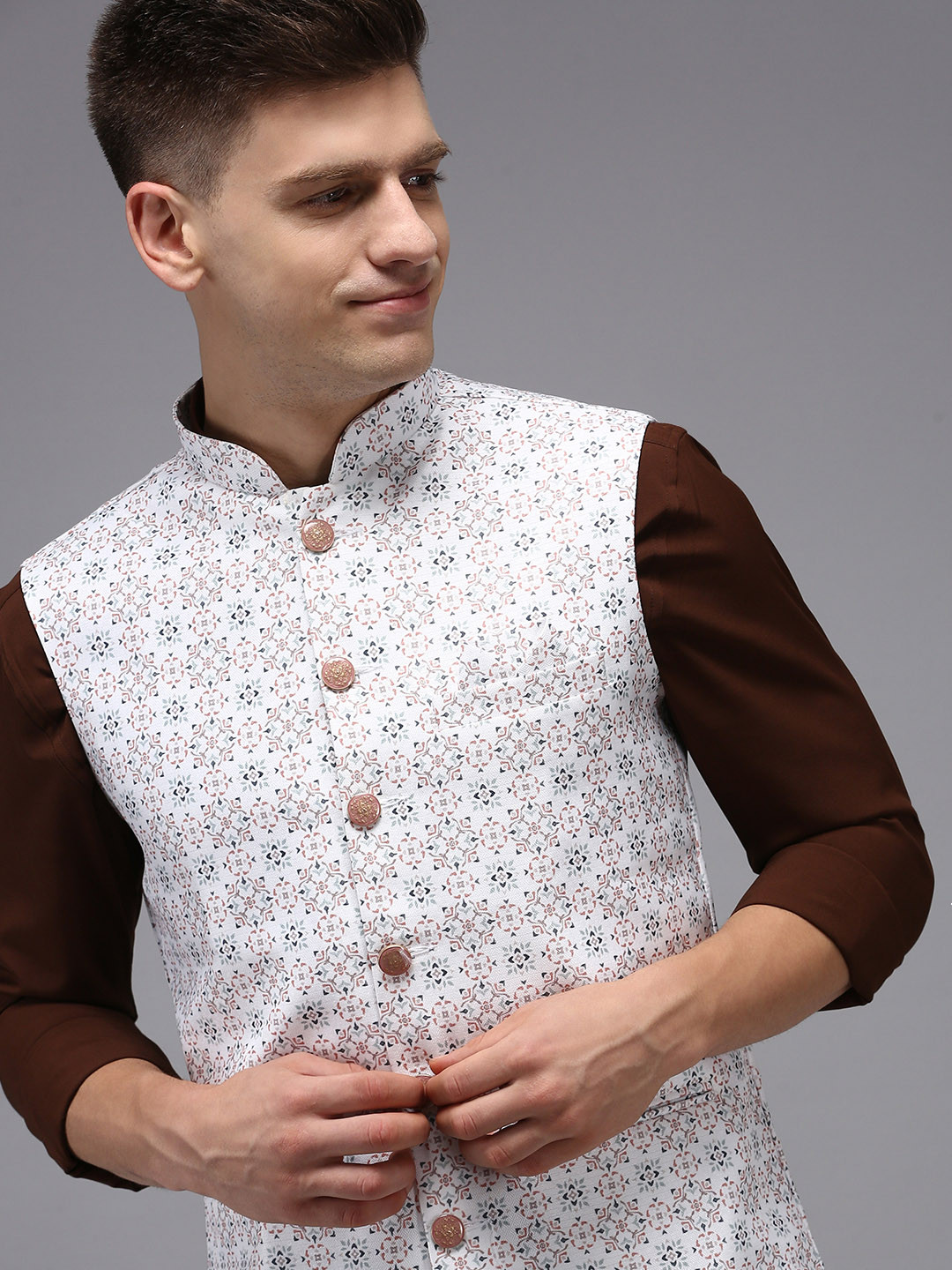 

SHOWOFF Men White Printed Woven Nehru Jacket