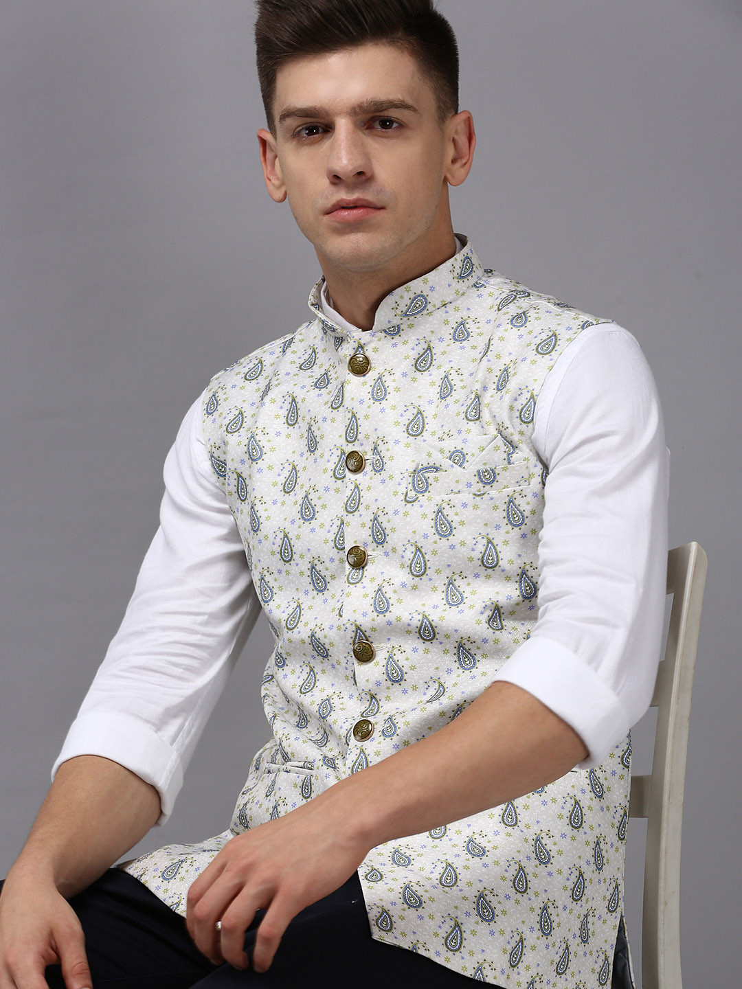 

SHOWOFF Men Cream Coloured Printed Nehru Jackets
