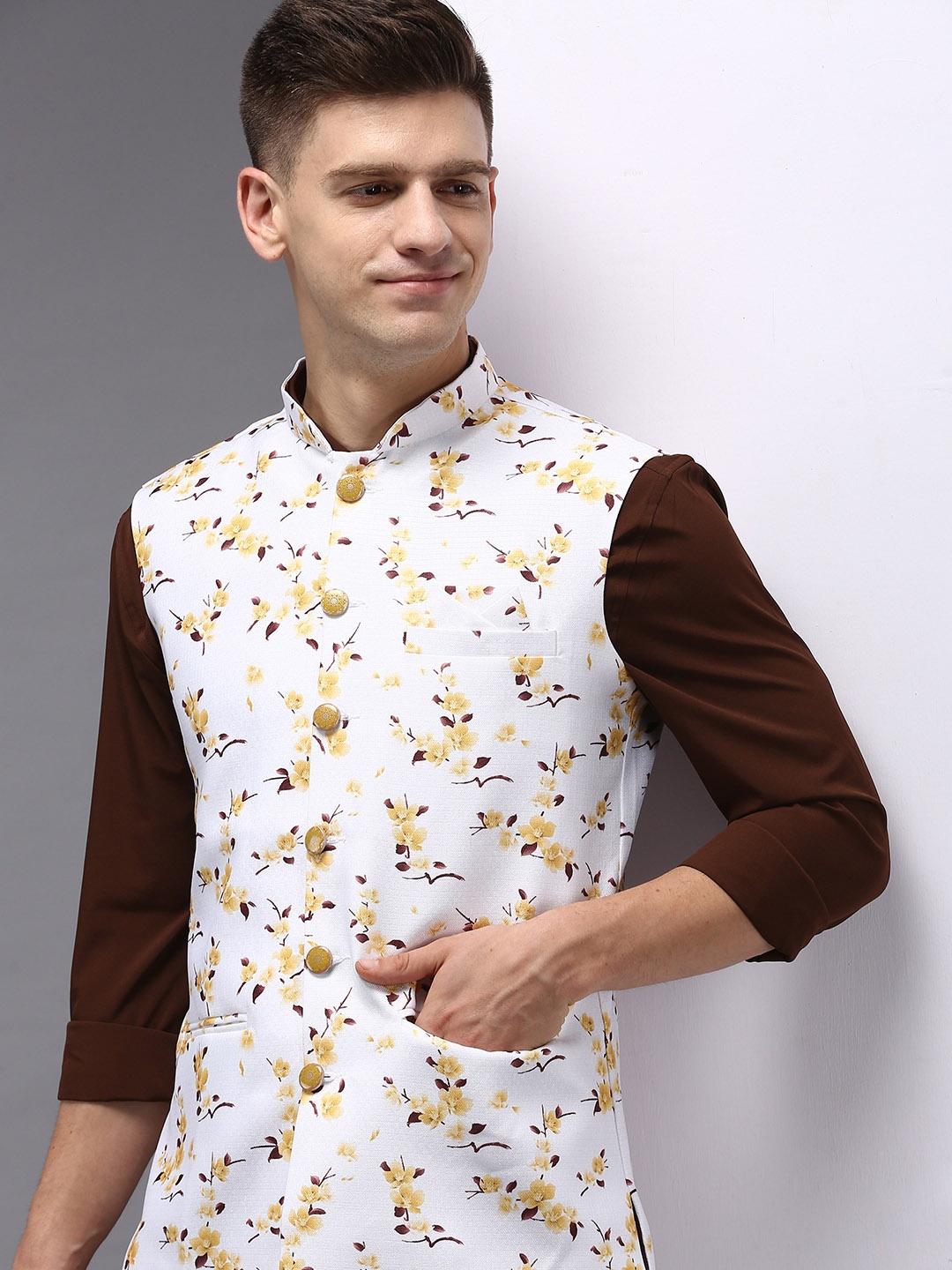 

SHOWOFF Men White & Yellow Printed Woven Nehru Jacket