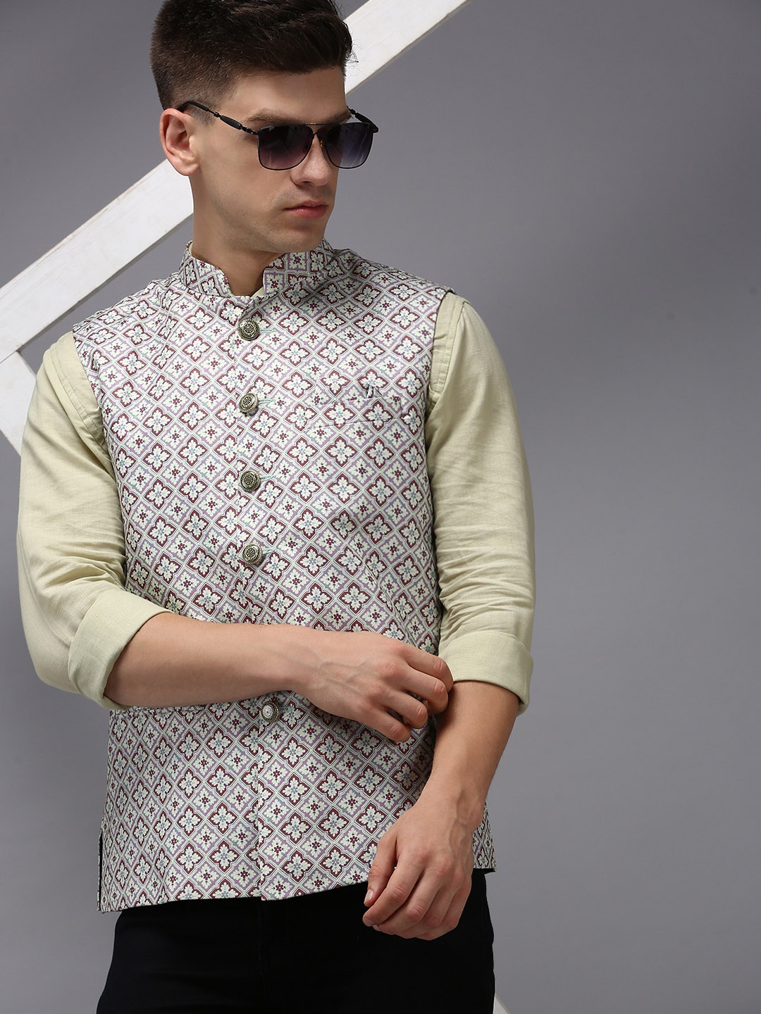 SHOWOFF Men Printed Nehru Jackets, Fluorescent green