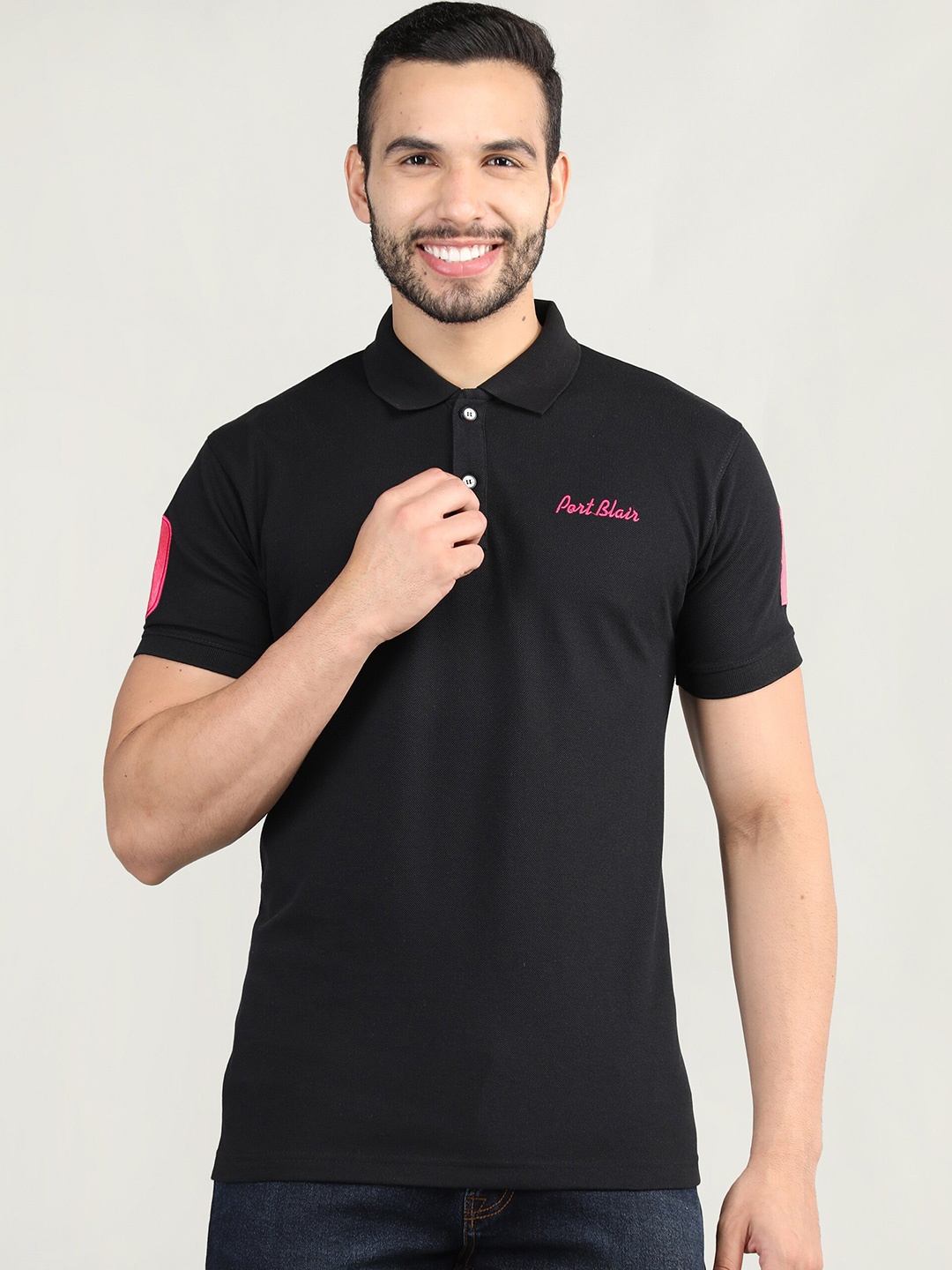 

PORTBLAIR Men Black Typography Polo Collar Slim Fit Cotton T-shirt