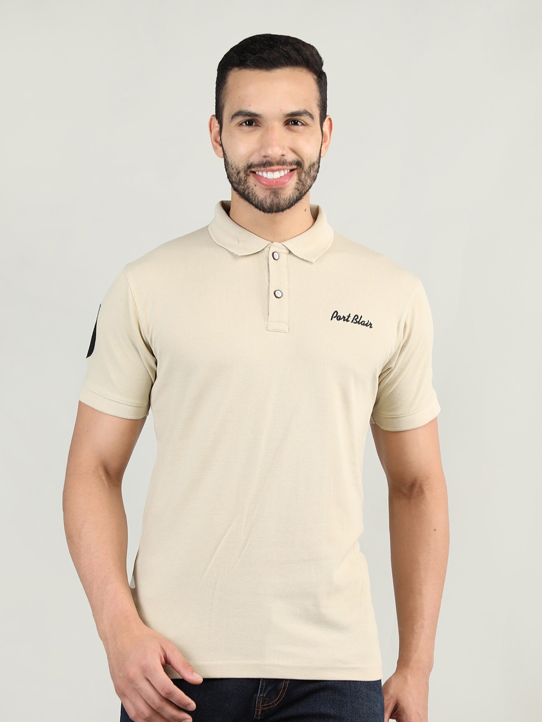 

PORTBLAIR Men Beige Polo Collar Applique Slim Fit T-shirt