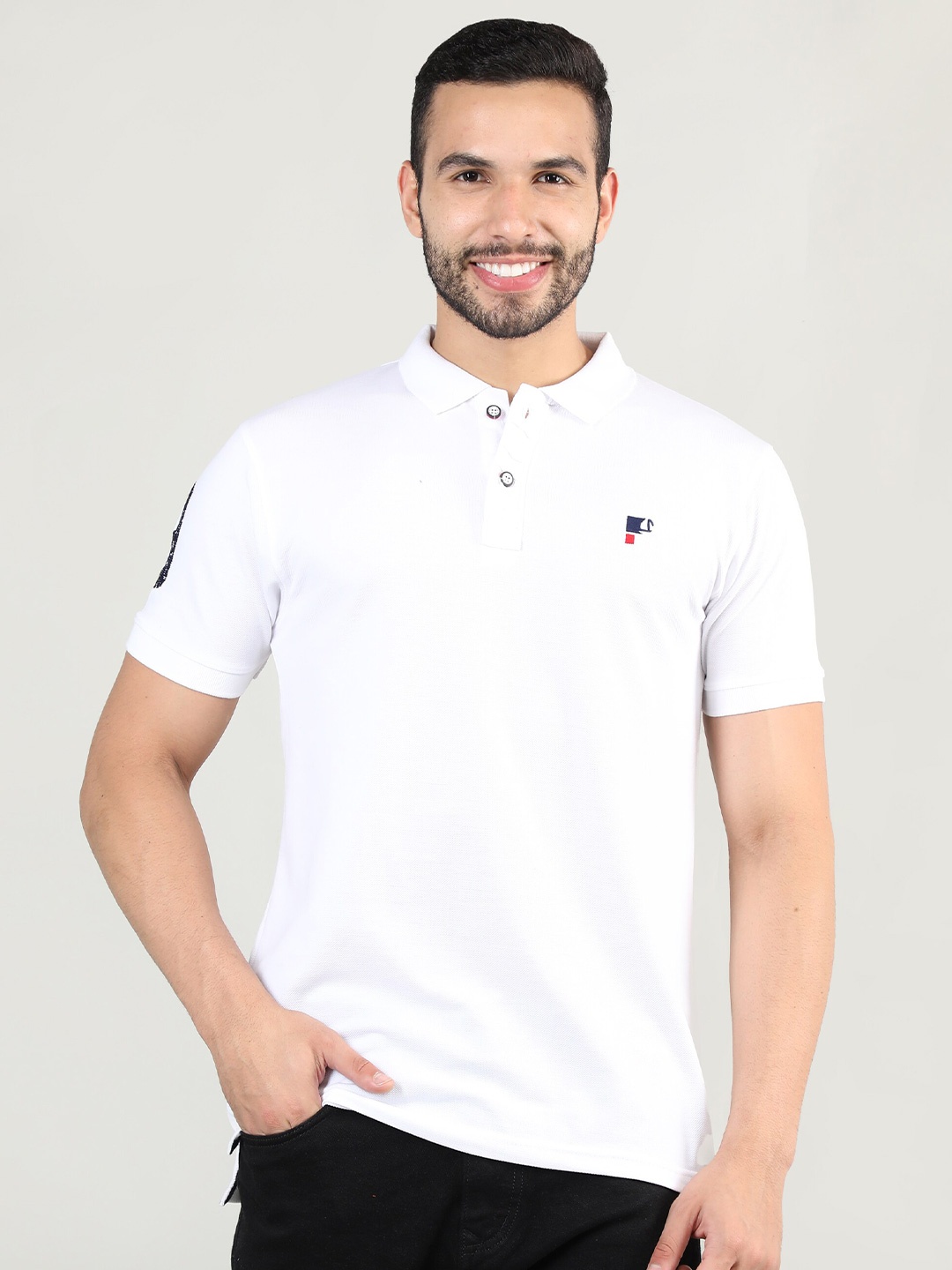 

PORTBLAIR Men White Polo Collar Slim Fit Cotton T-shirt