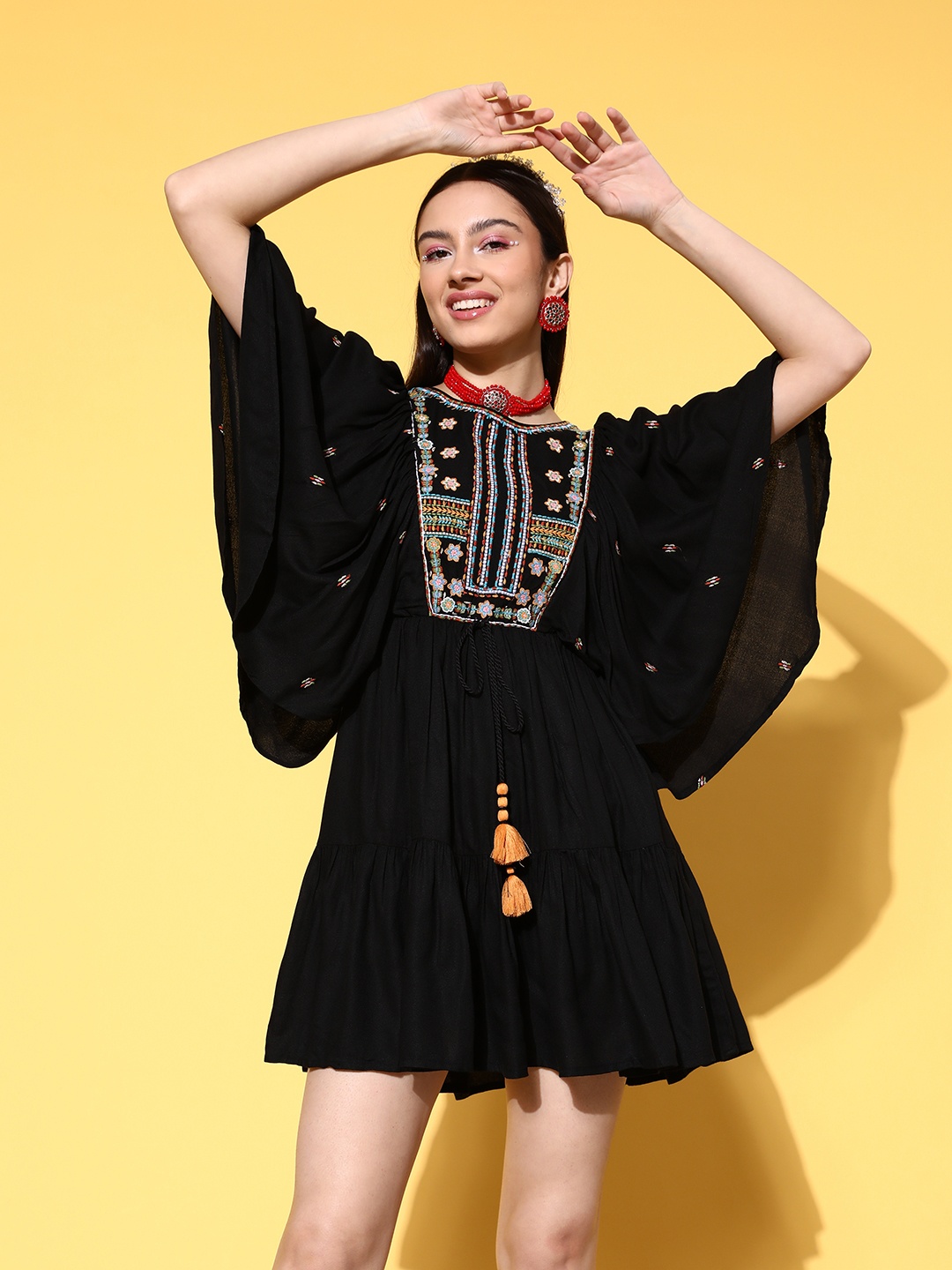 

Ishin Black Ethnic Motifs Embroidered Peplum Mini Dress
