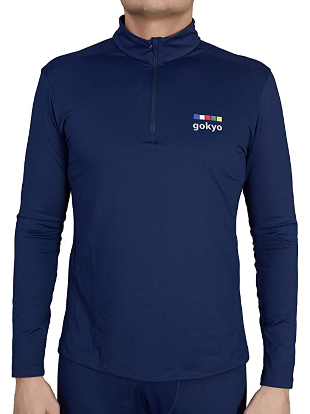 

GOKYO Men Navy Blue High Neck Moisture Wicking T-shirt