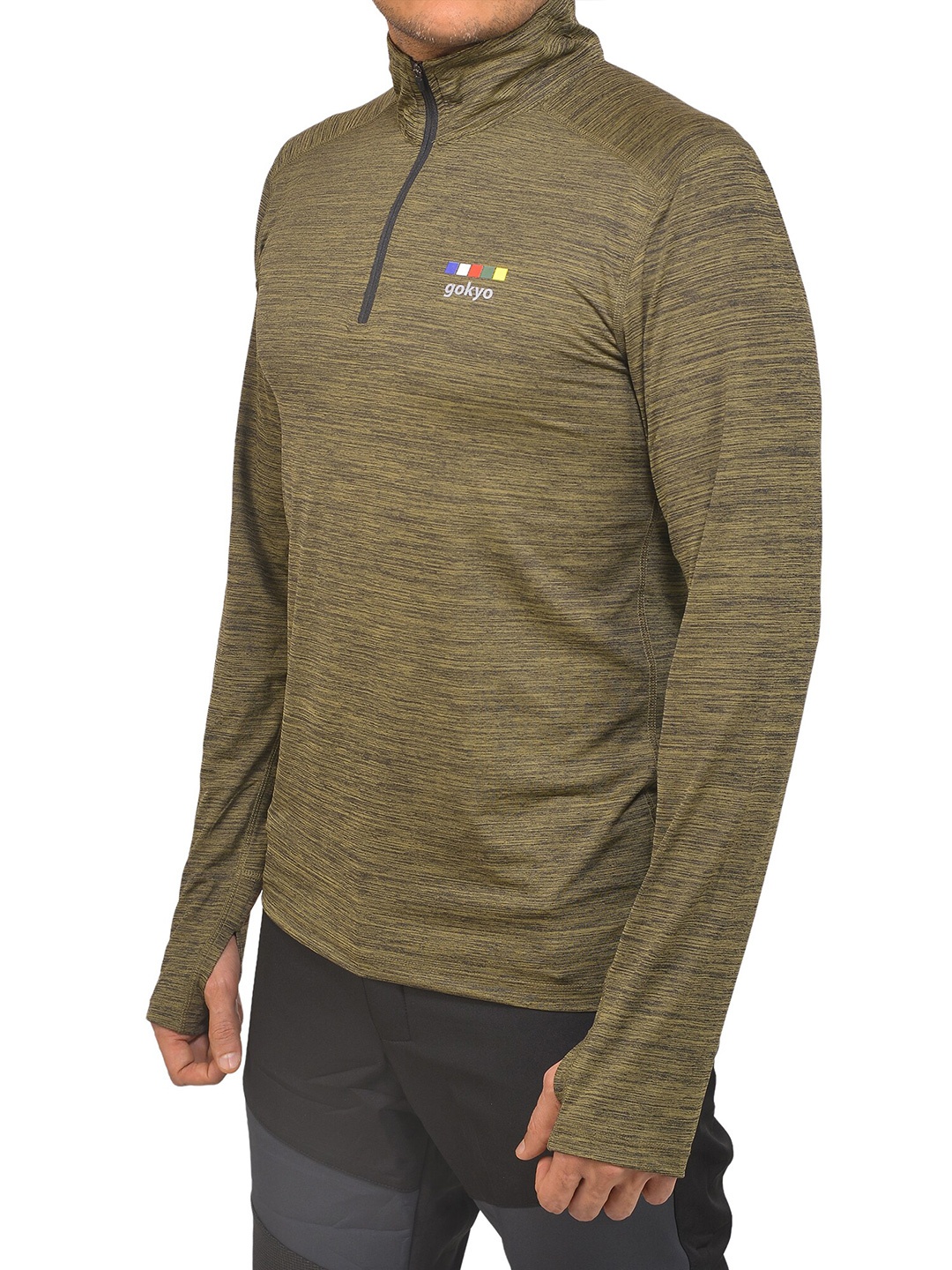 

GOKYO Men Olive Green High Neck Rapid-Dry Long Sleeve T-shirt