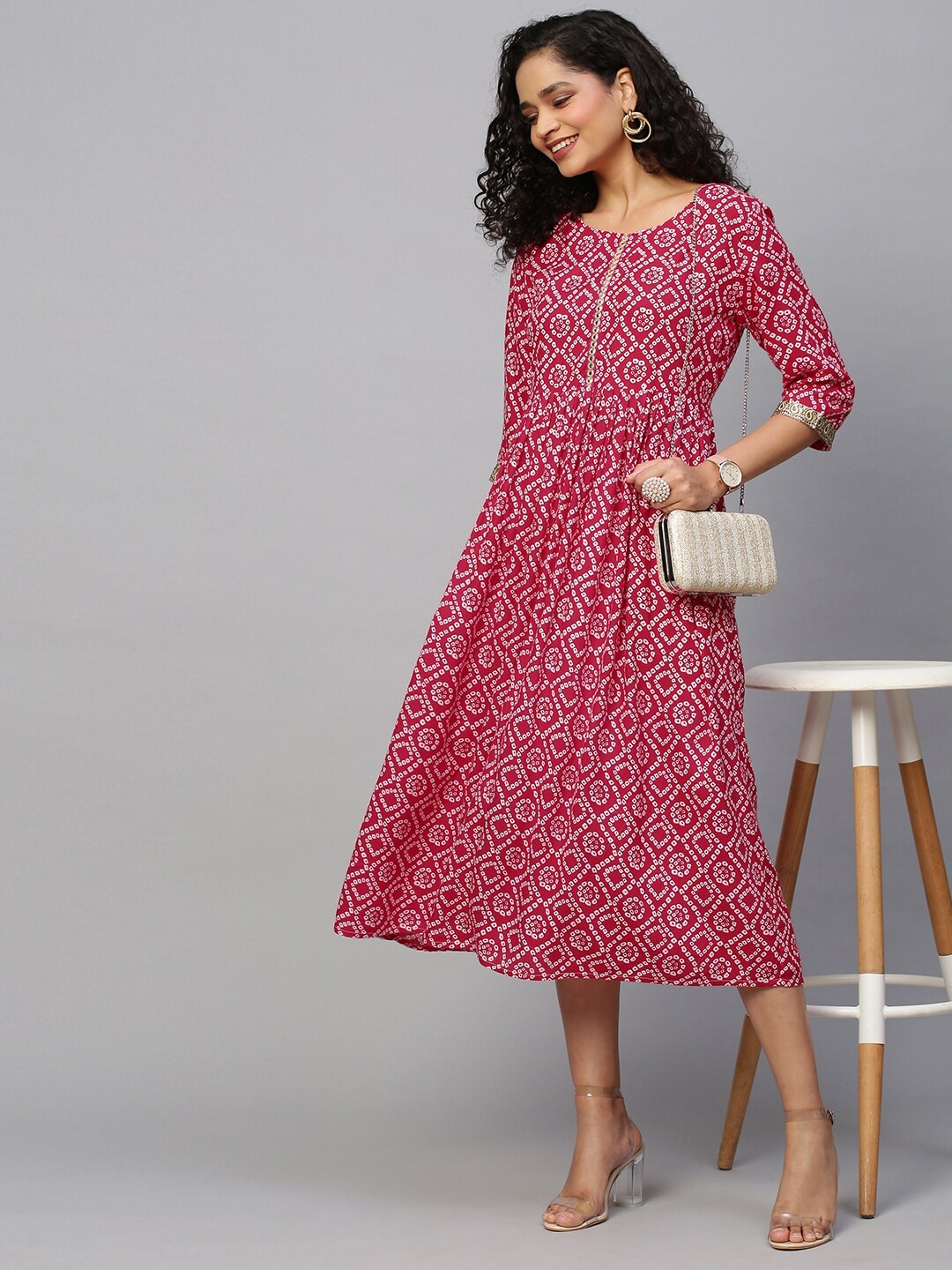 

INDYES Women Red Bandhani Print Embellished Fit and Flare Dress
