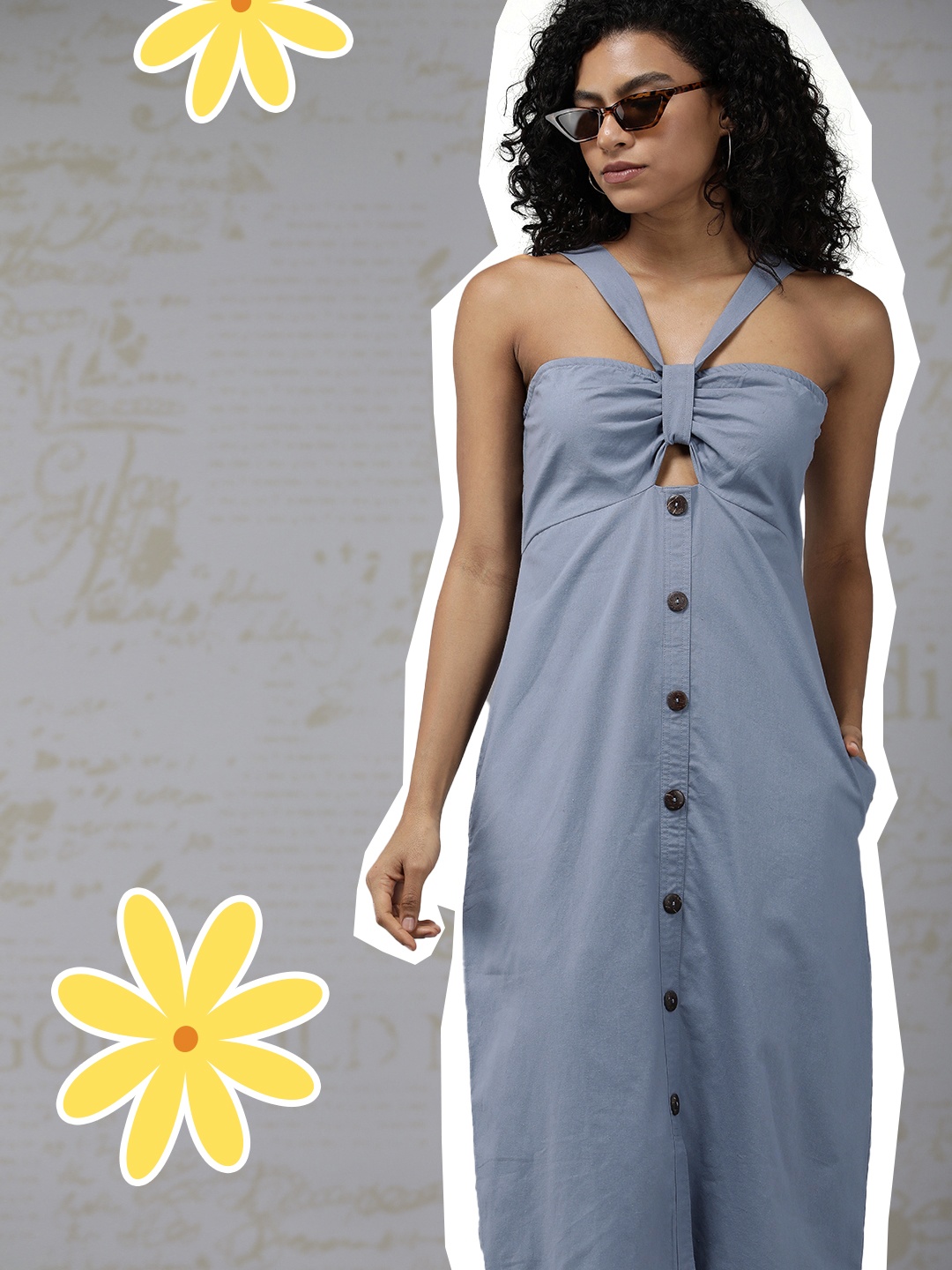 

The Roadster Lifestyle Co. Solid Pure Cotton A-Line Midi Dress With Cut Out Detail, Blue