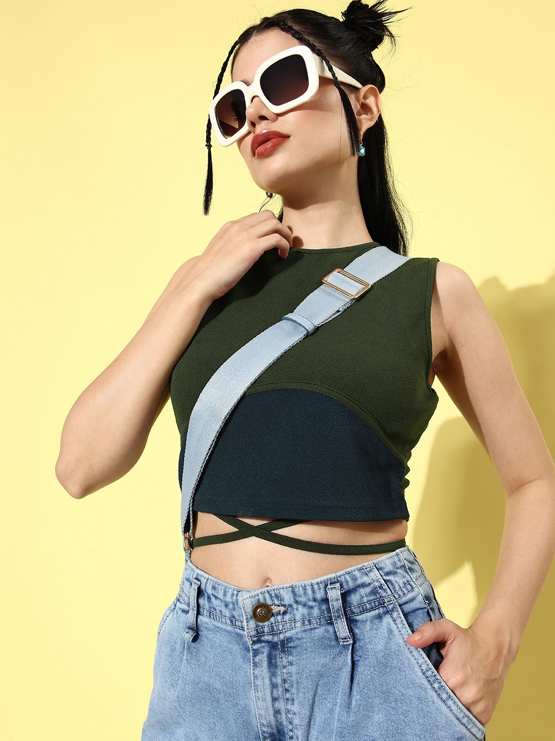 

The Roadster Lifestyle Co. Colourblocked Crop Top With Waist Tie-Ups Detail, Olive