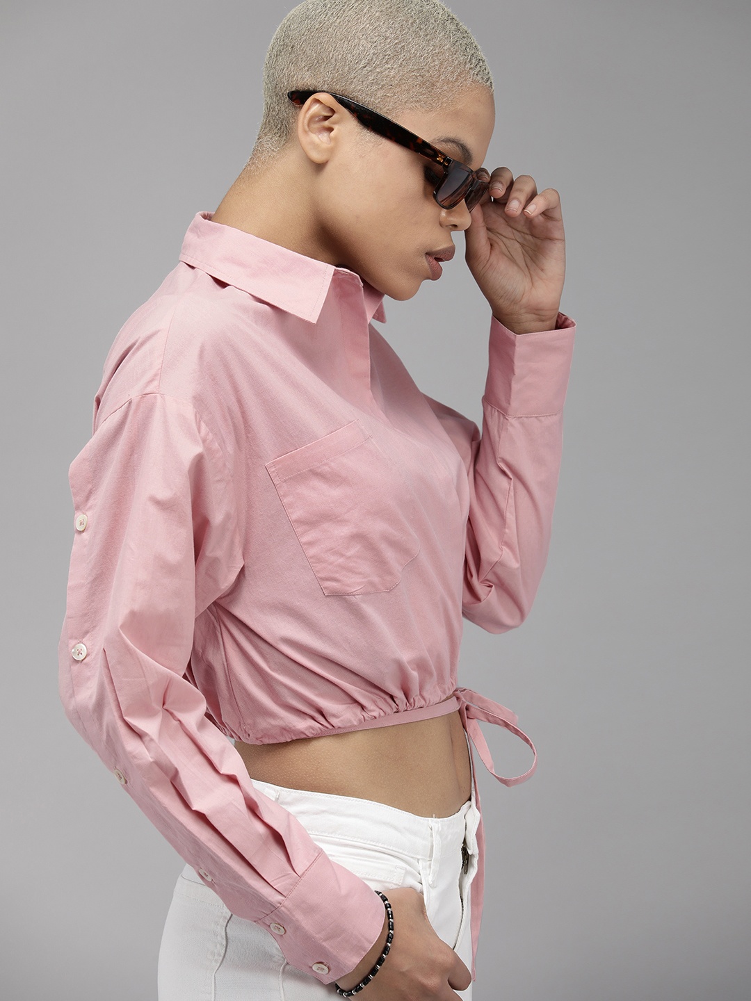 

The Roadster Life Co. Solid Wrap-Detailed Crop Pure Cotton Shirt With Tie-ups Closure, Peach
