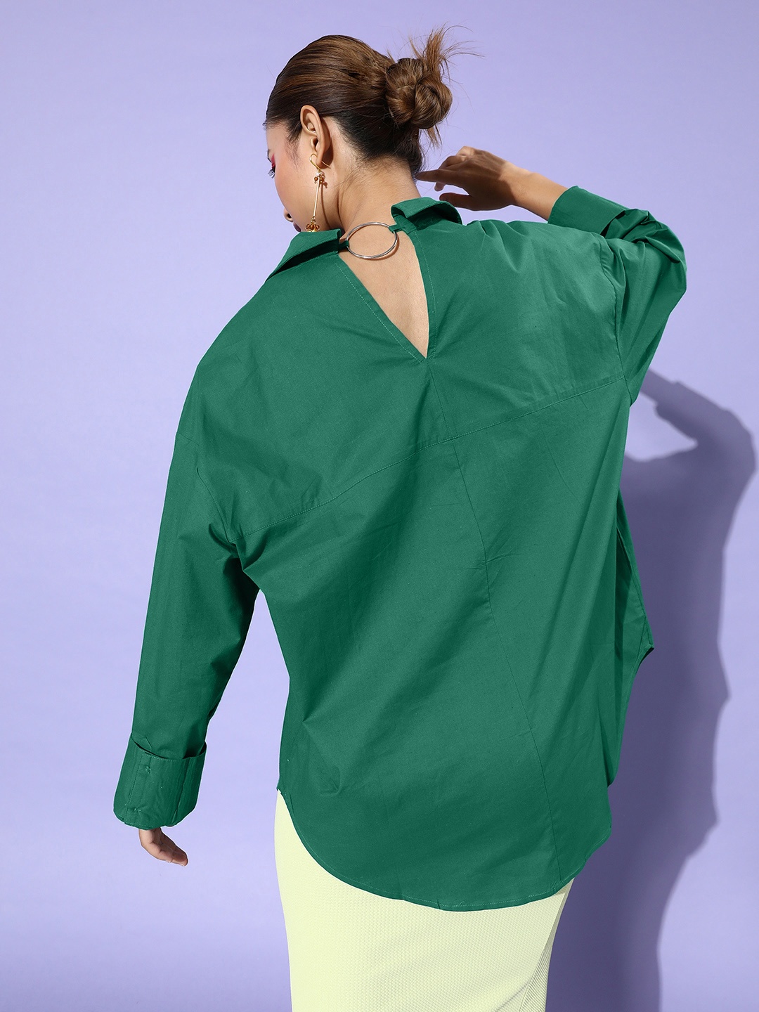 

The Roadster Lifestyle Co. Lush Green Party Soul Ties Shirt Style Longline Pure Cotton Top