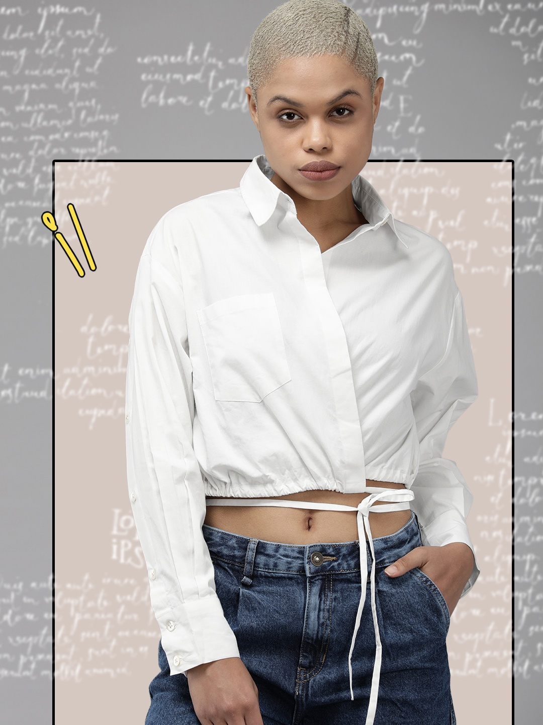 

The Roadster Life Co. Solid Wrap-Detailed Crop Pure Cotton Shirt With Tie-ups Closure, White
