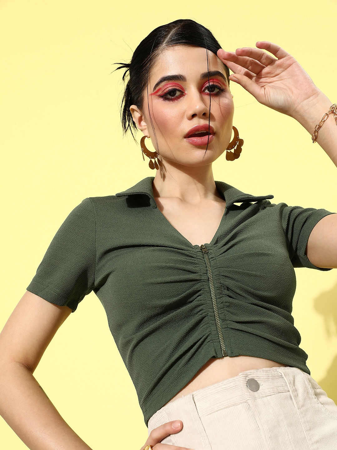 

The Roadster Life Co. Olive Green Solid Party Lity Ruching Pattern Play Crop Top